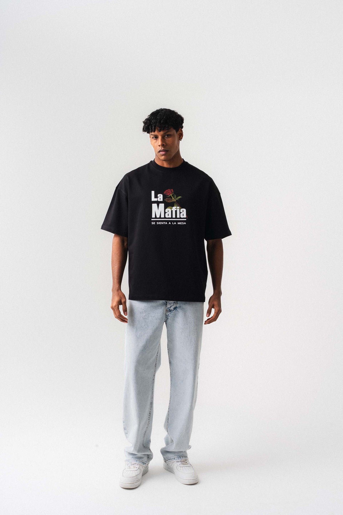 La Mafia Siyah Oversize Baskılı T-Shirt