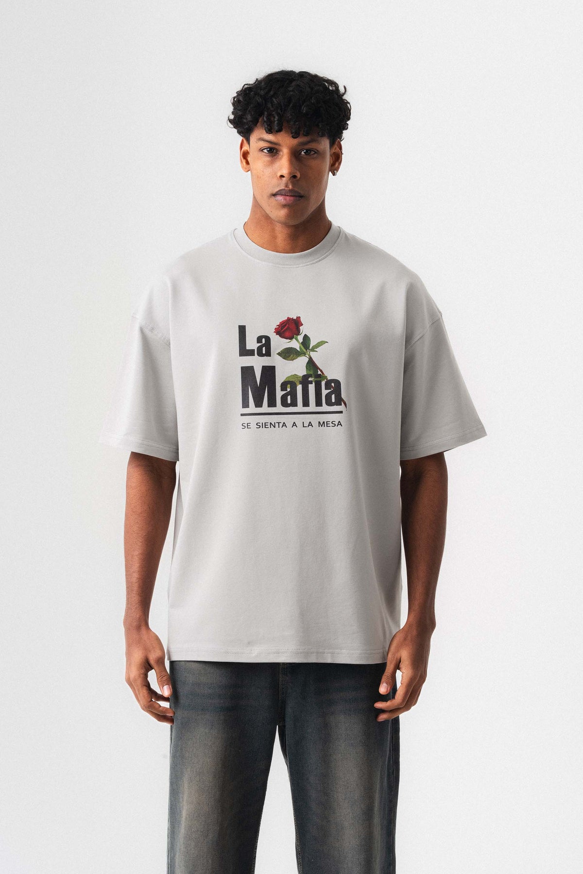 La Mafia Gri Oversize Baskılı T-Shirt