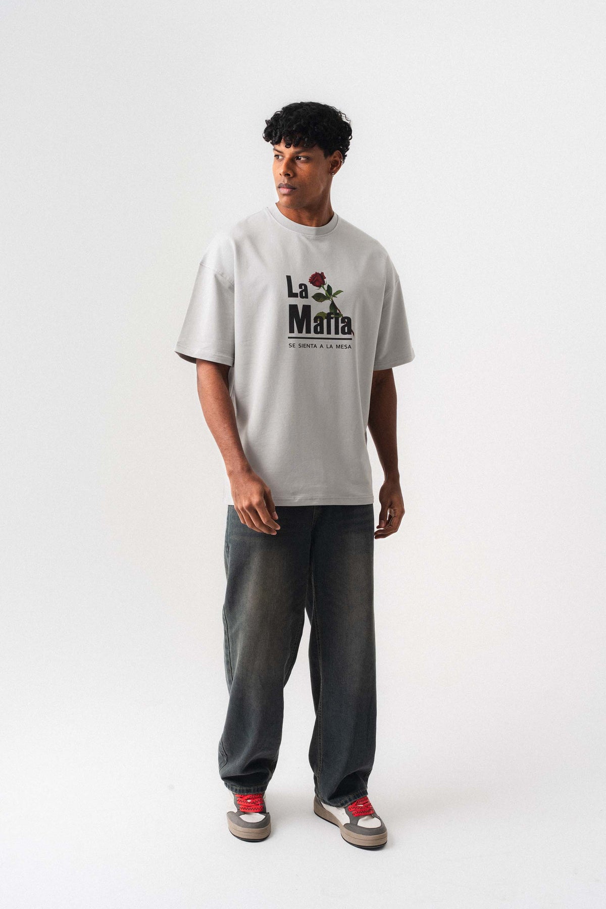 La Mafia Gri Oversize Baskılı T-Shirt