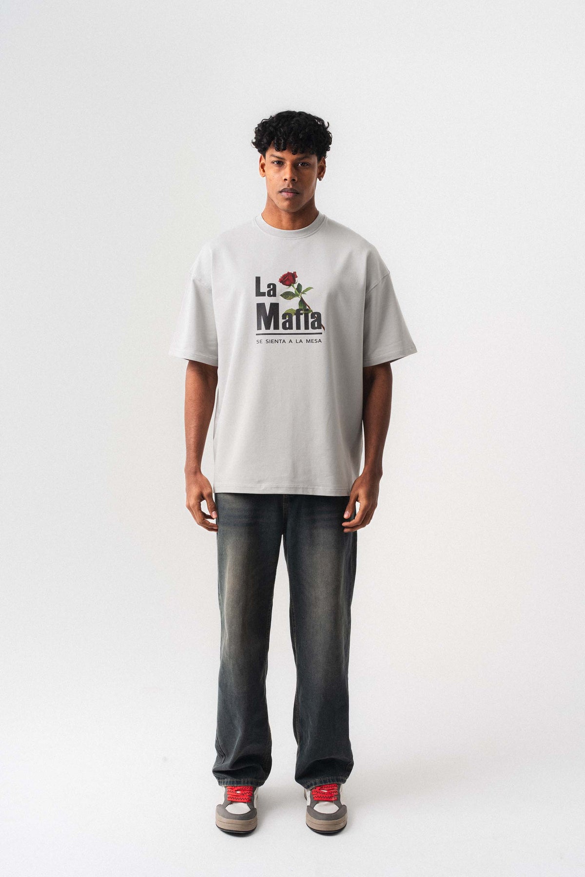 La Mafia Gri Oversize Baskılı T-Shirt