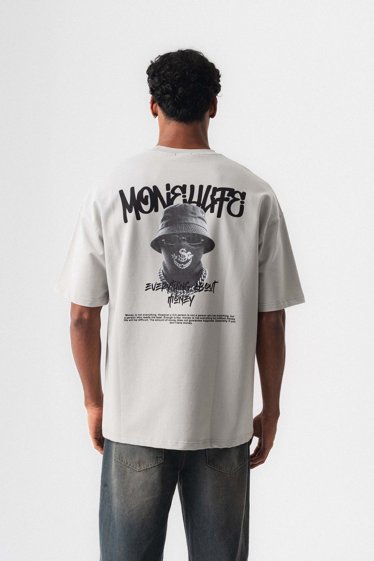 Everything About Money Gri Oversize Baskılı T-Shirt