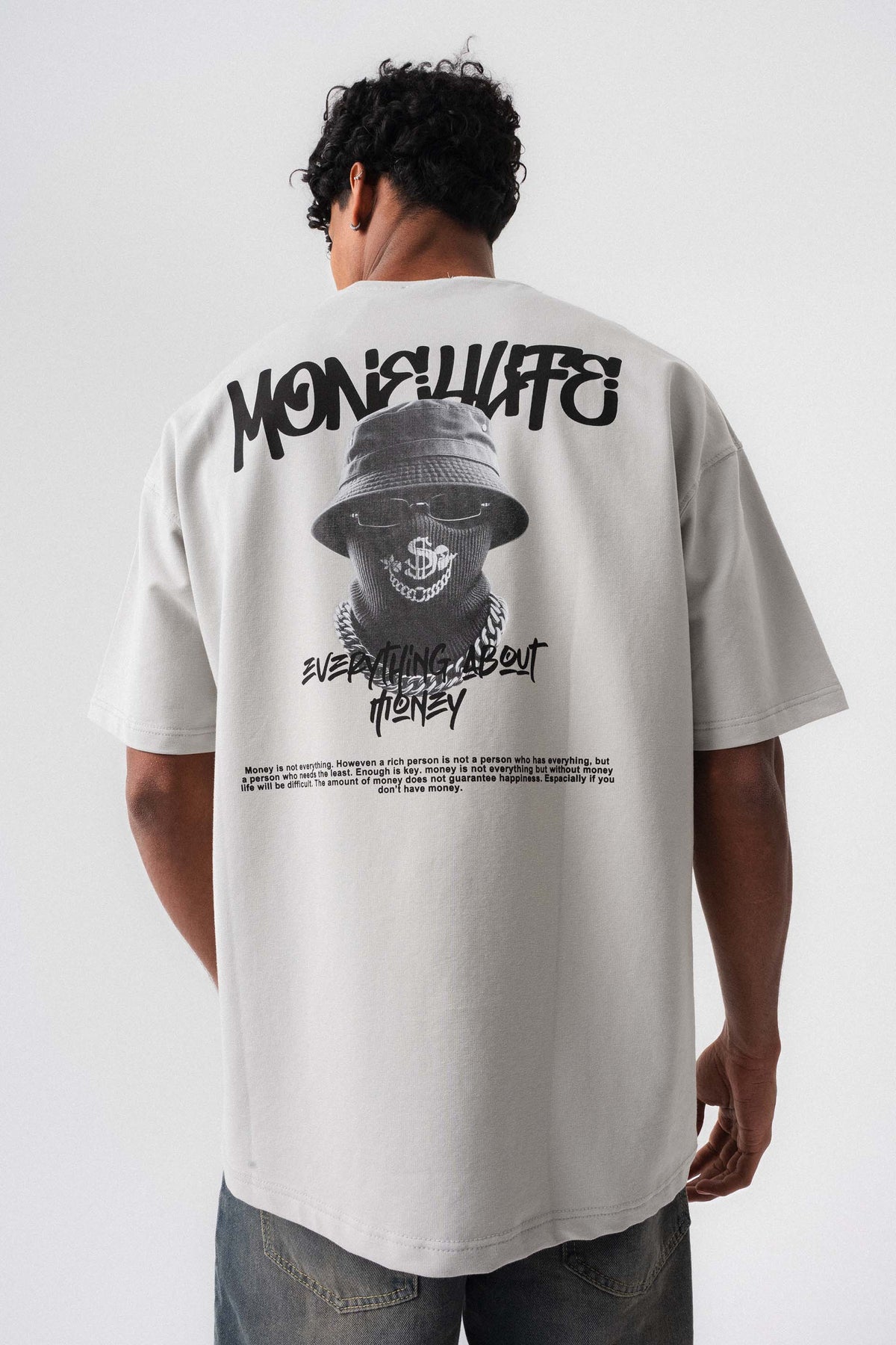 Everything About Money Gri Oversize Baskılı T-Shirt