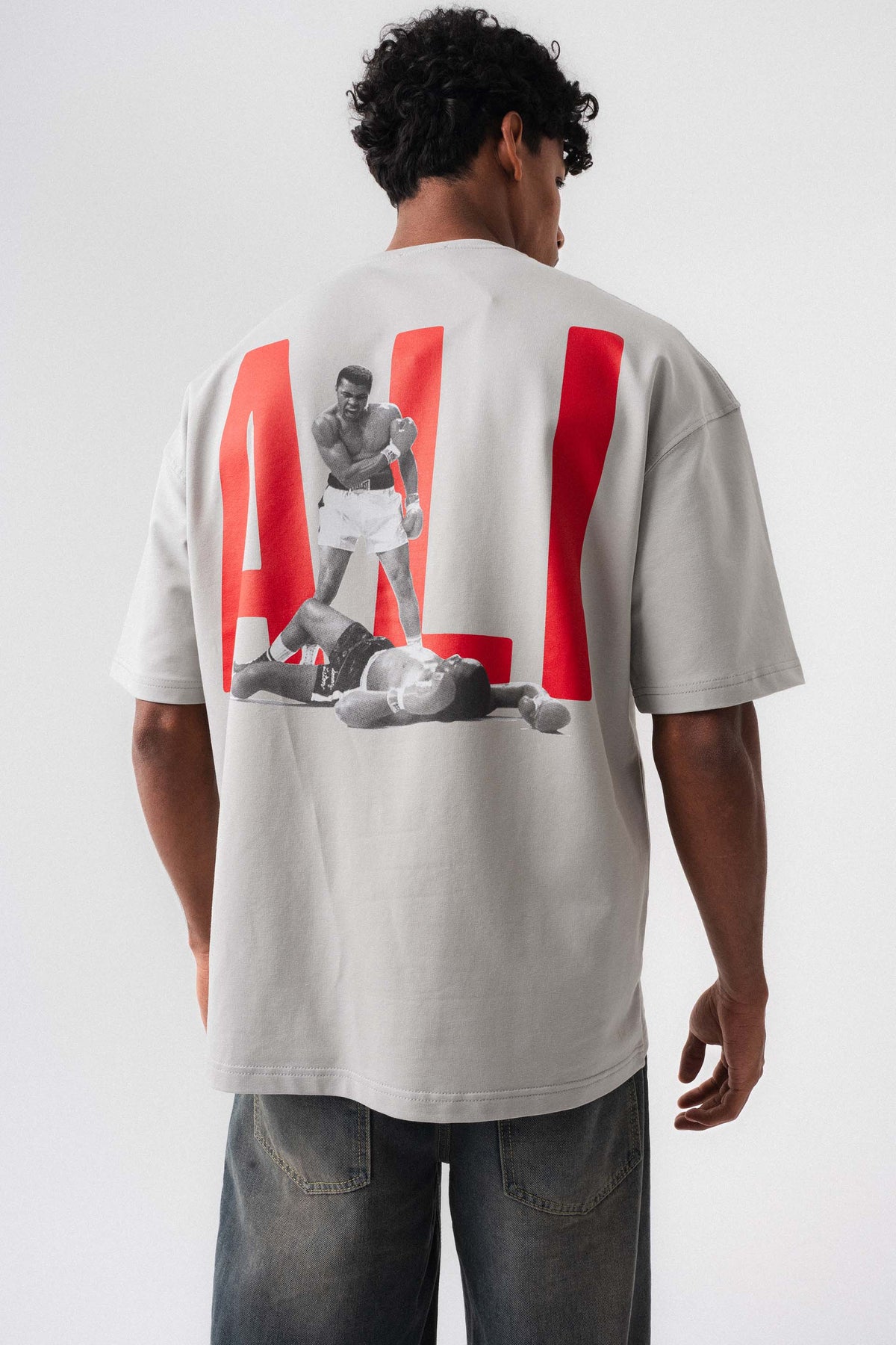 Muhammed Ali Gri Oversize Baskılı T-Shirt