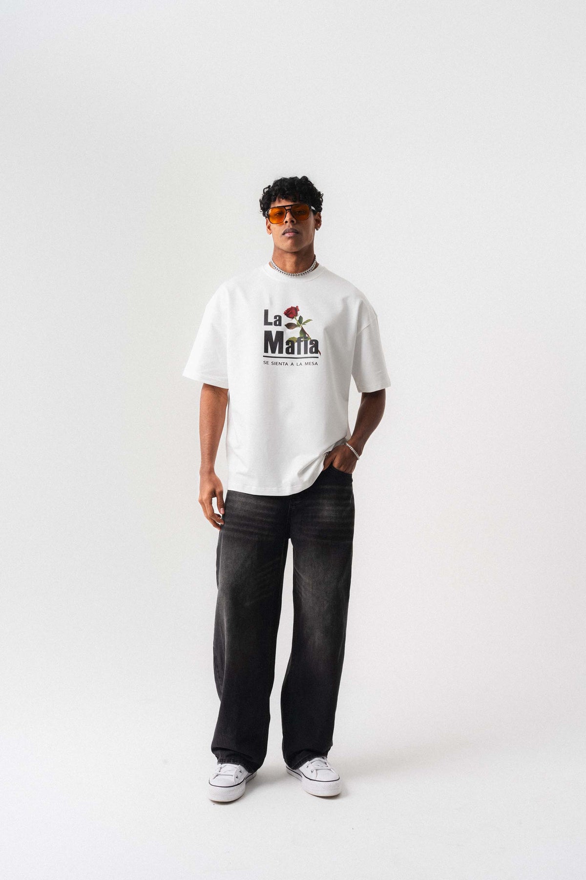 La Mafia Beyaz Oversize Baskılı T-Shirt