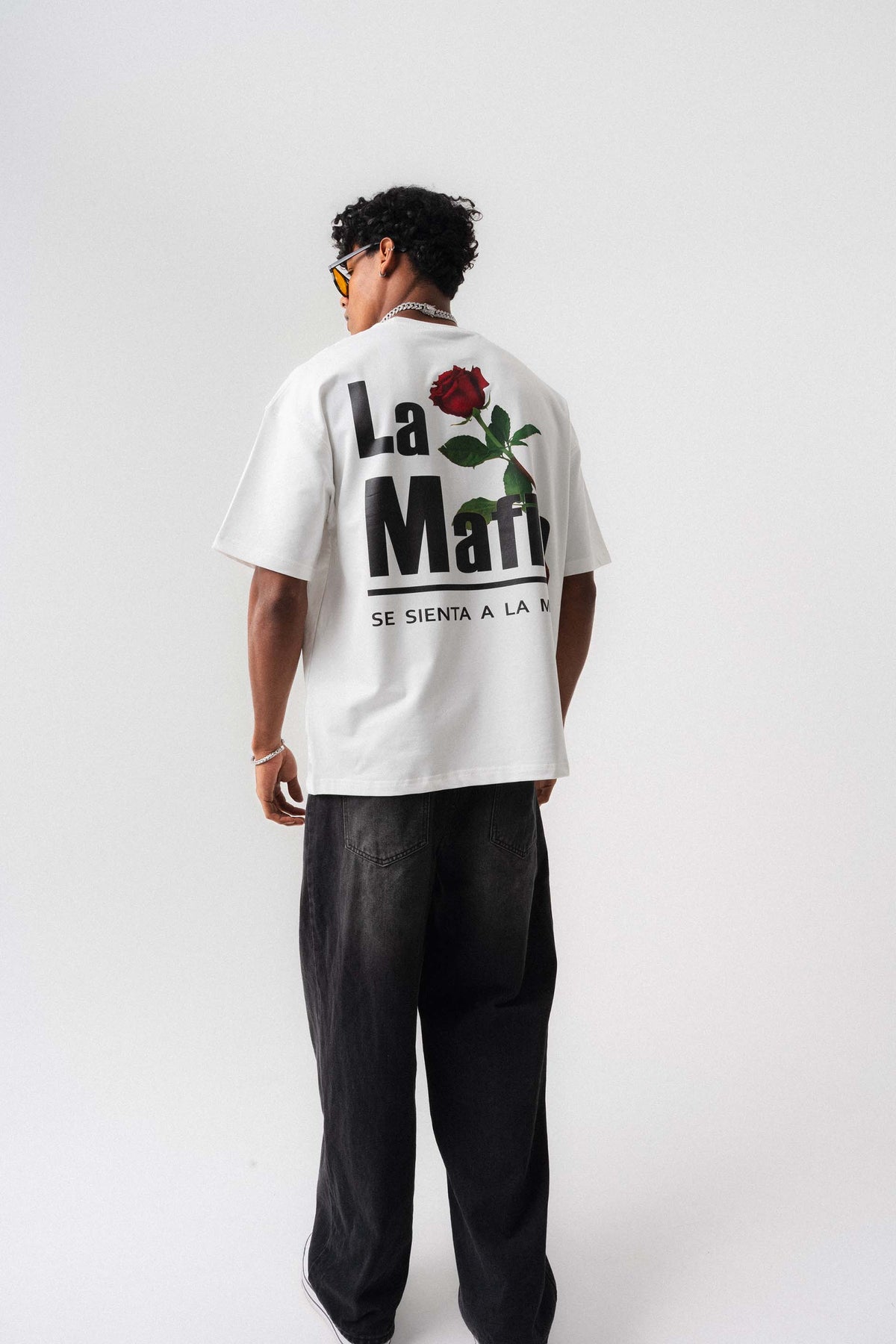 La Mafia Beyaz Oversize Baskılı T-Shirt