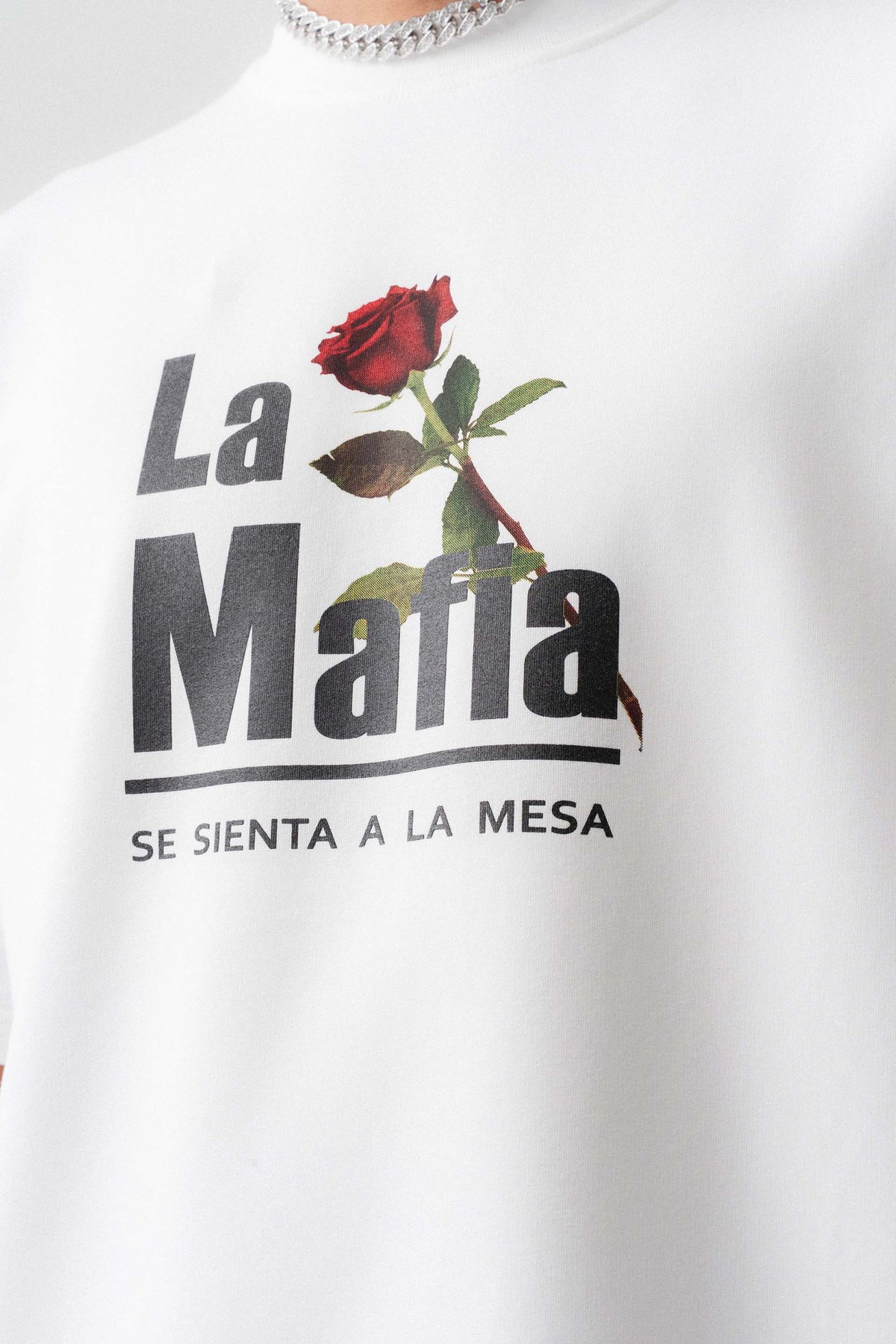La Mafia Beyaz Oversize Baskılı T-Shirt