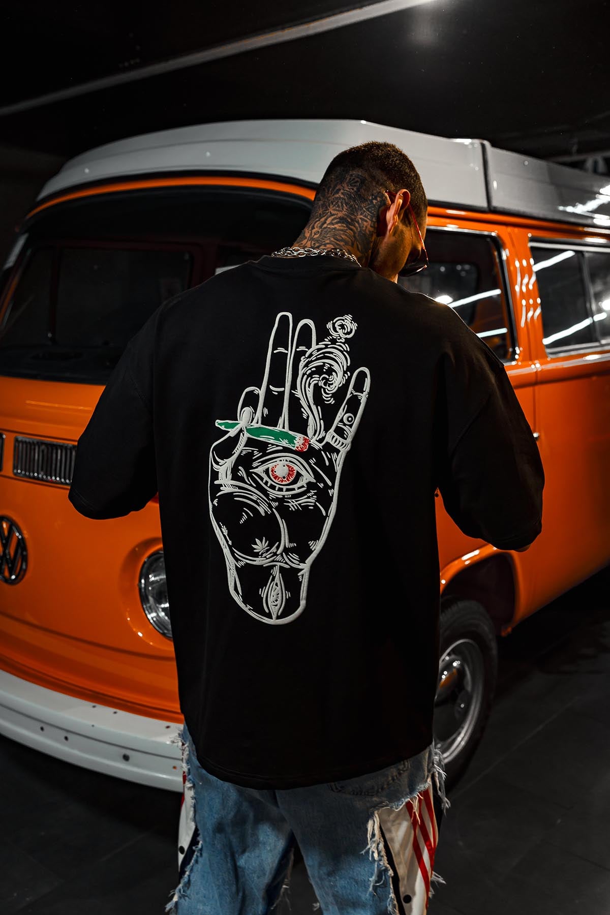 All Eyes On Me Cigarette Print Oversize Black T-Shirt