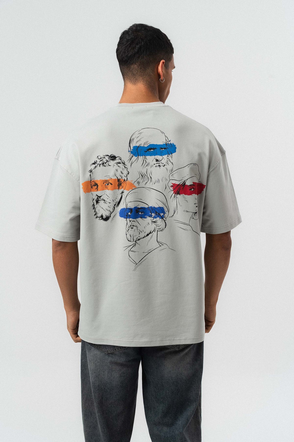Art Figürlü Kabartmalı Gri Oversize Baskılı T-Shirt