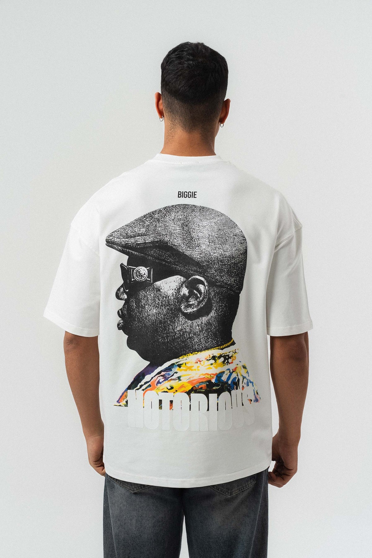 Biggie Smalls Kabartma Baskılı Beyaz Oversize Baskılı T-Shirt