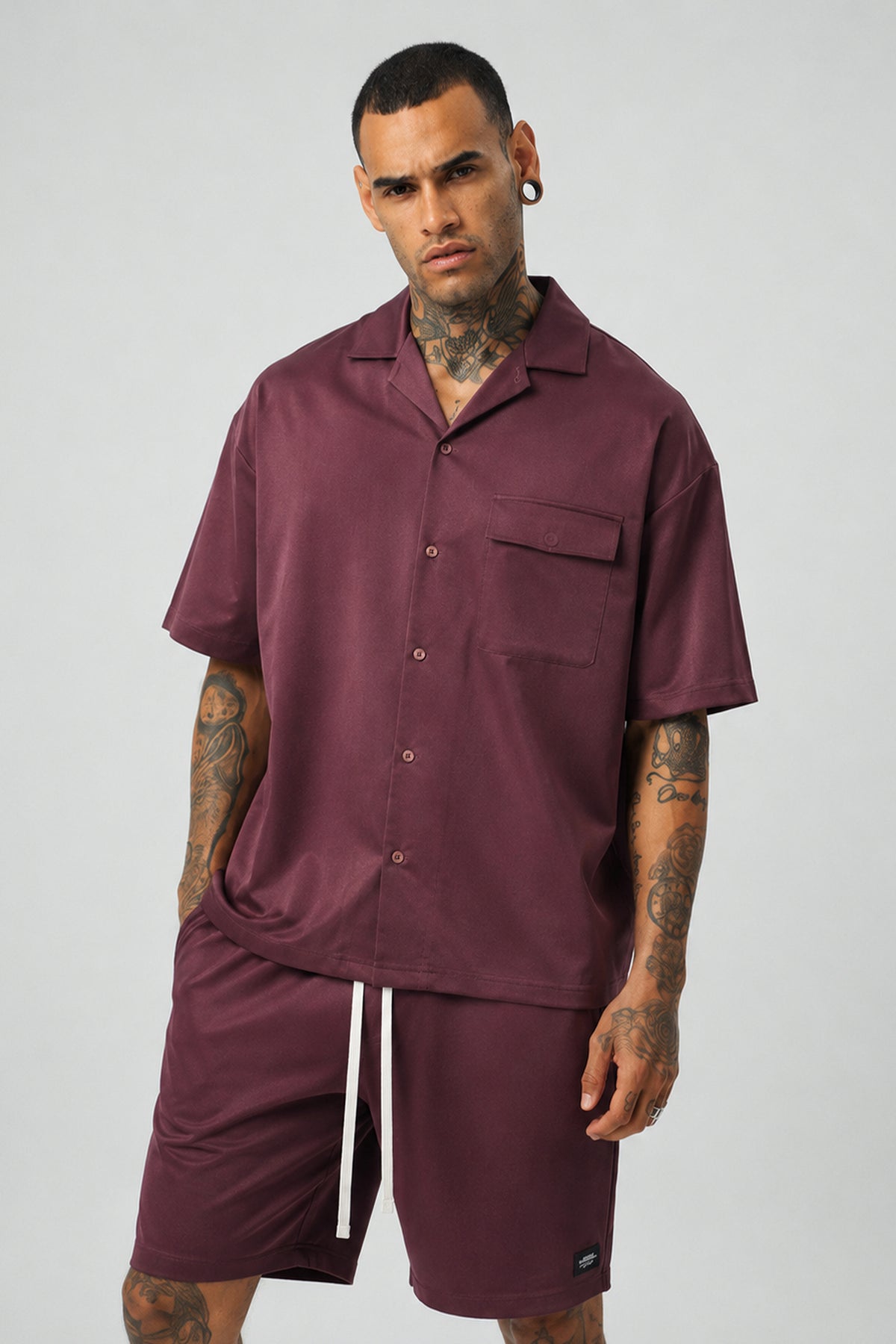 Ketenli Nakışlı Regular Fit Şort & Gömlek Bordo Takım