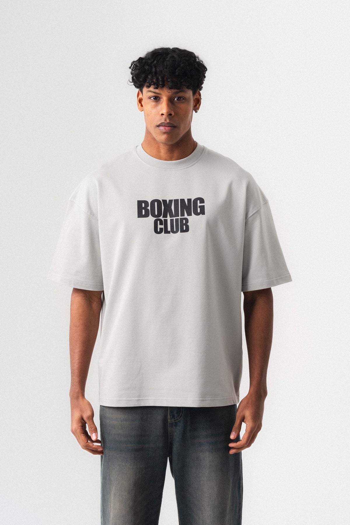 Boxing Club Baskılı Oversize T-Shirt Gri