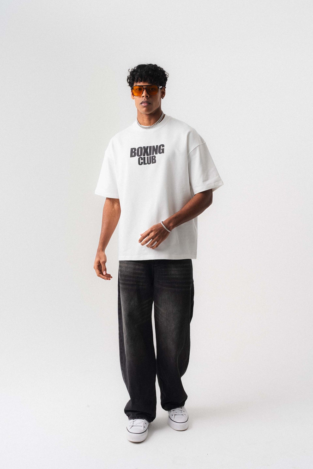 Boxing Club Baskılı Oversize T-Shirt Beyaz