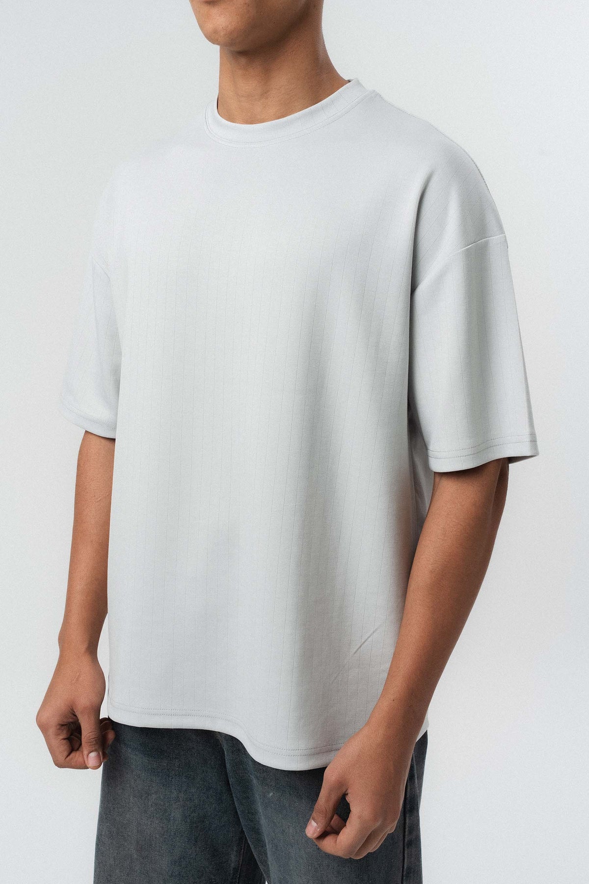 Nakış Detaylı Çizgili Premium Oversize T-Shirt Gri