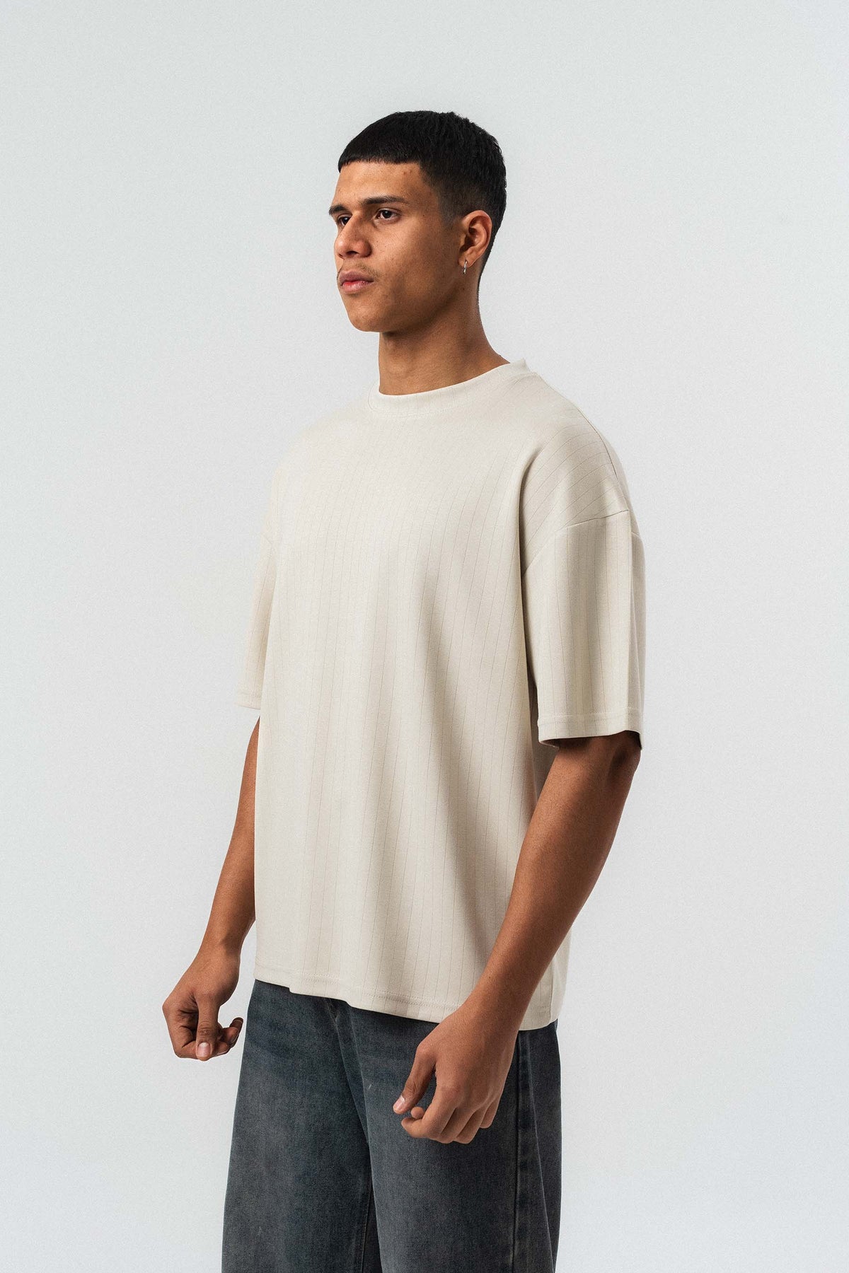 Nakış Detaylı Çizgili Premium Oversize T-Shirt Bej