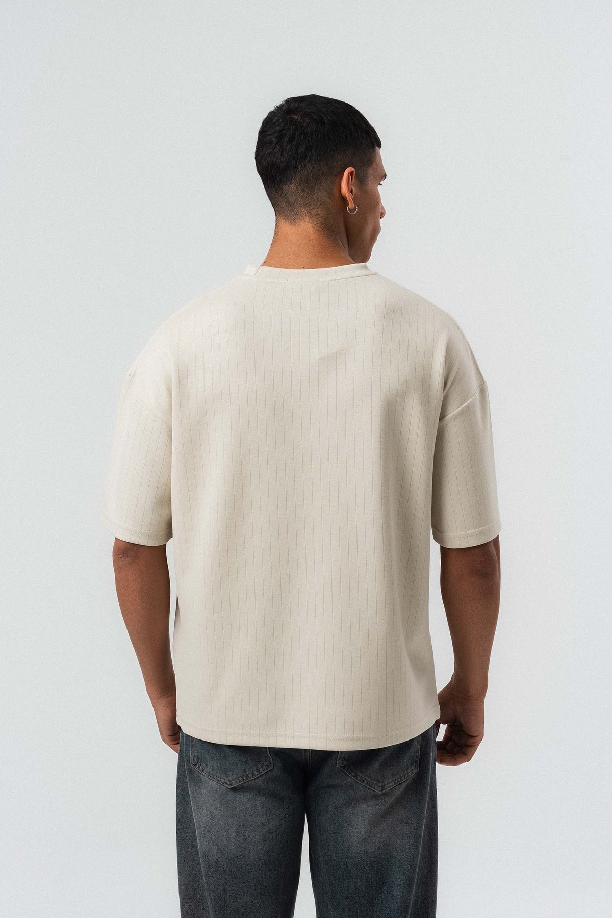 Nakış Detaylı Çizgili Premium Oversize T-Shirt Bej