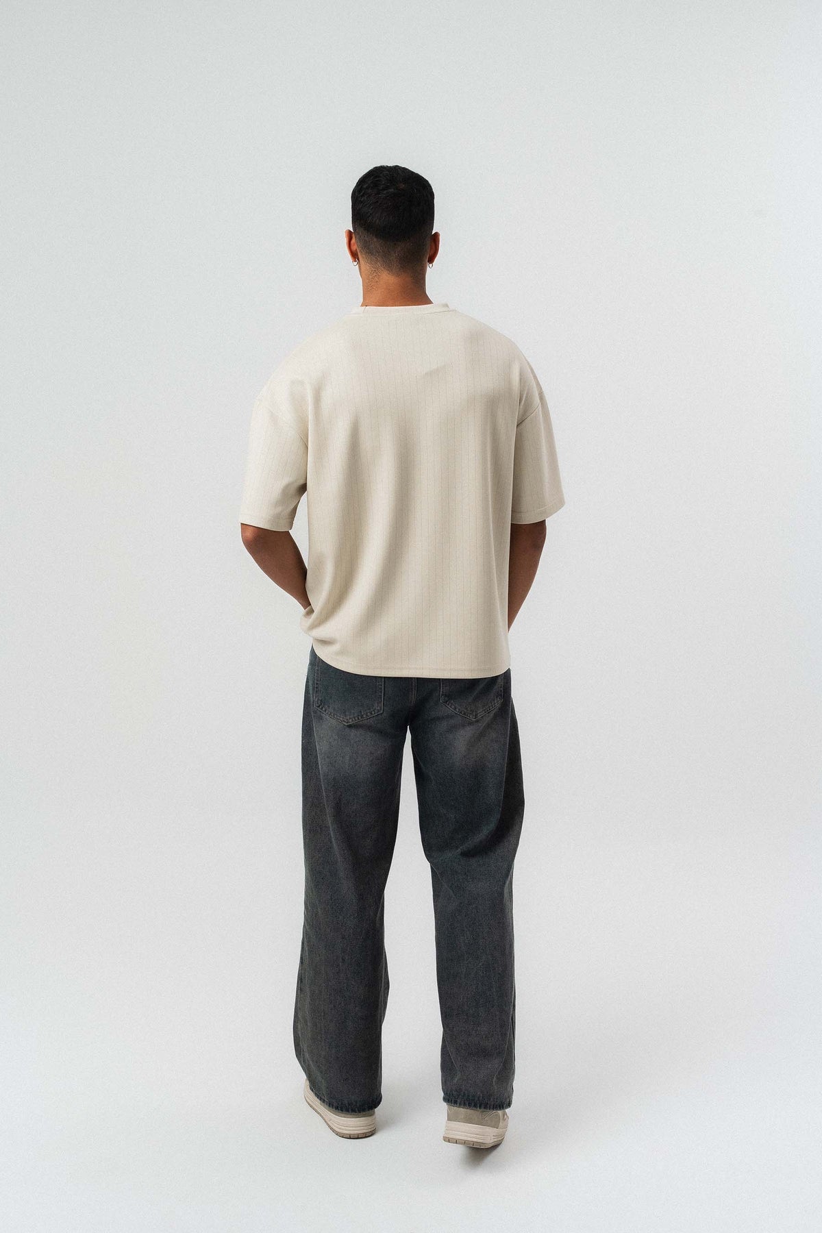 Nakış Detaylı Çizgili Premium Oversize T-Shirt Bej