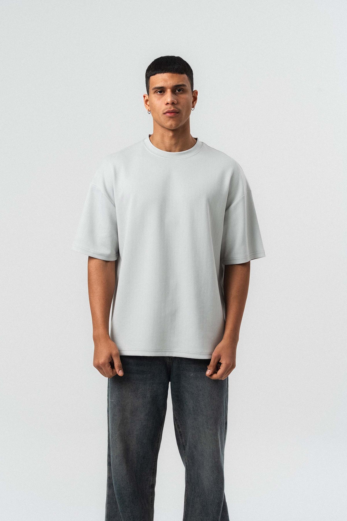 Nakış Detaylı Çizgili Premium Oversize T-Shirt Gri