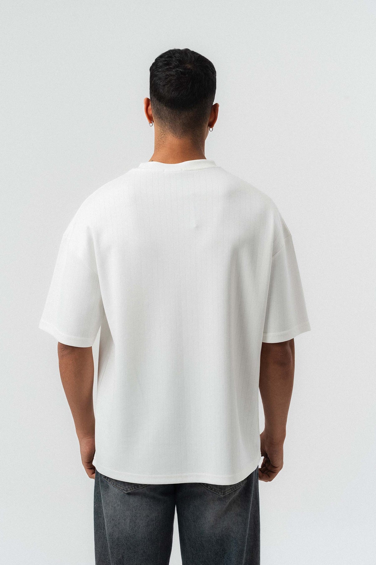 Nakış Detaylı Çizgili Premium Oversize T-Shirt Beyaz
