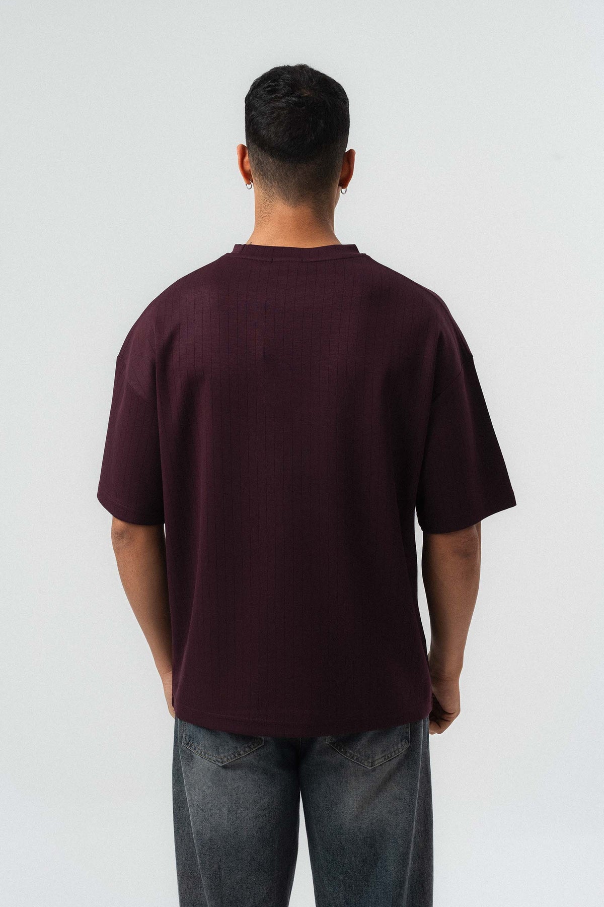 Nakış Detaylı Çizgili Premium Oversize T-Shirt Bordo