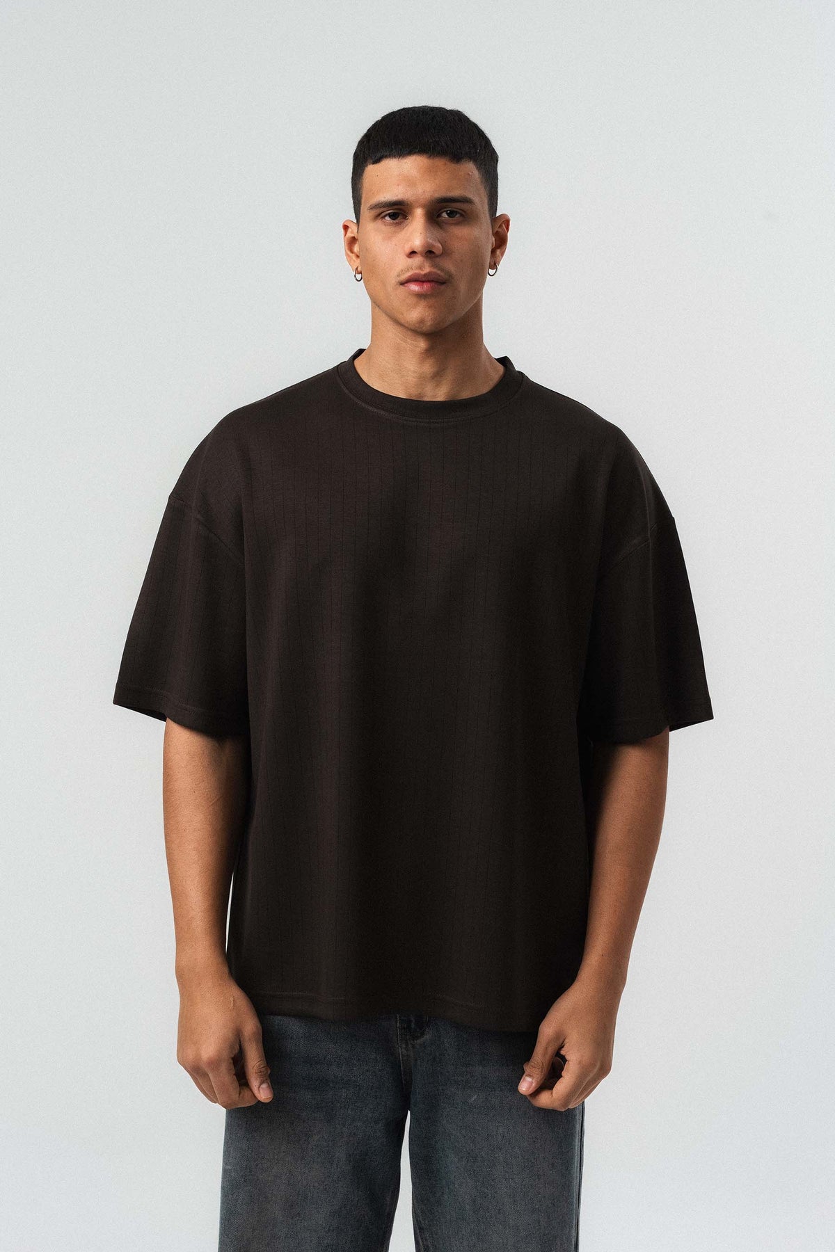 Nakış Detaylı Çizgili Premium Oversize T-Shirt Kahverengi