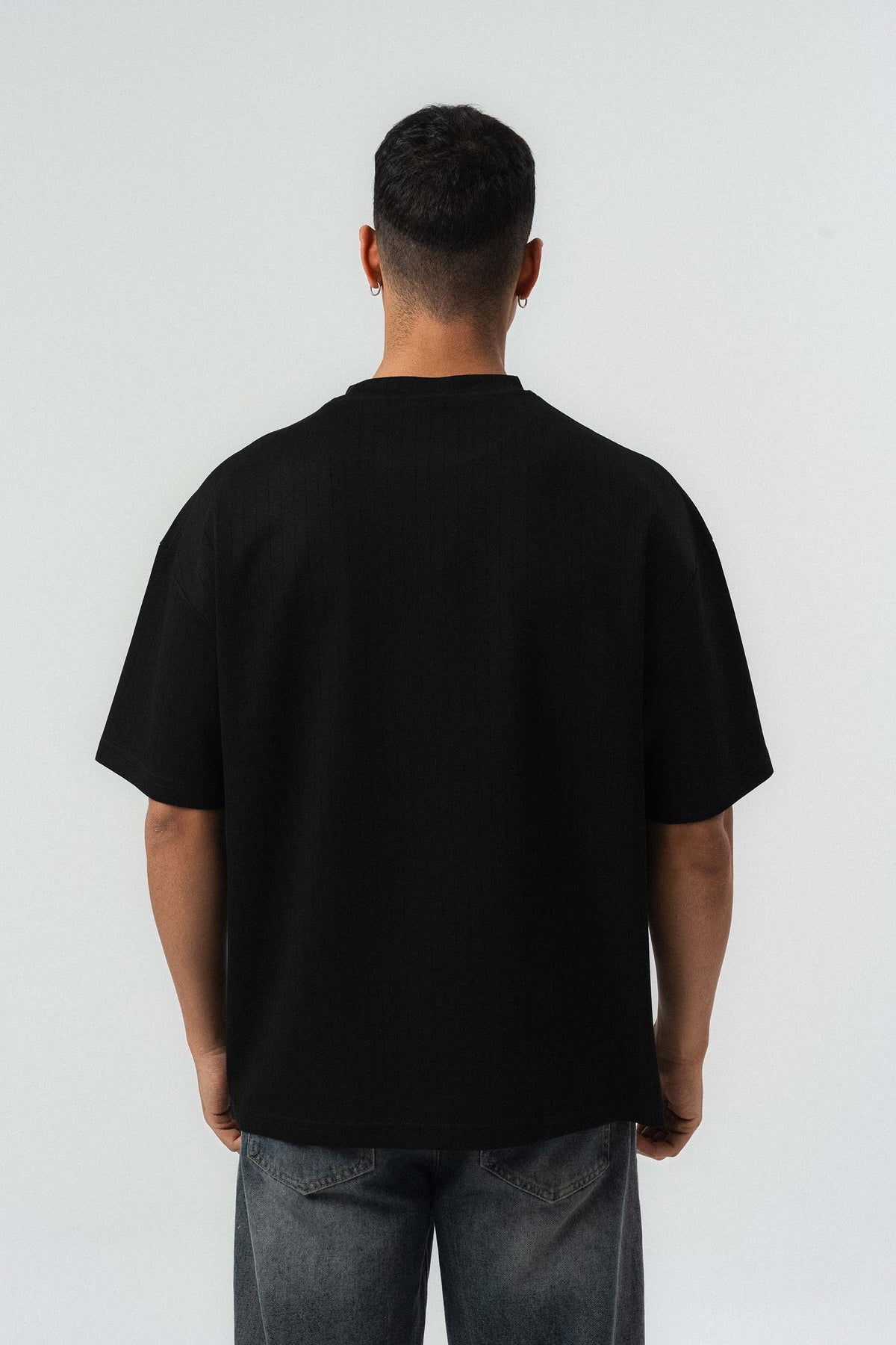 Nakış Detaylı Çizgili Premium Oversize T-Shirt Siyah