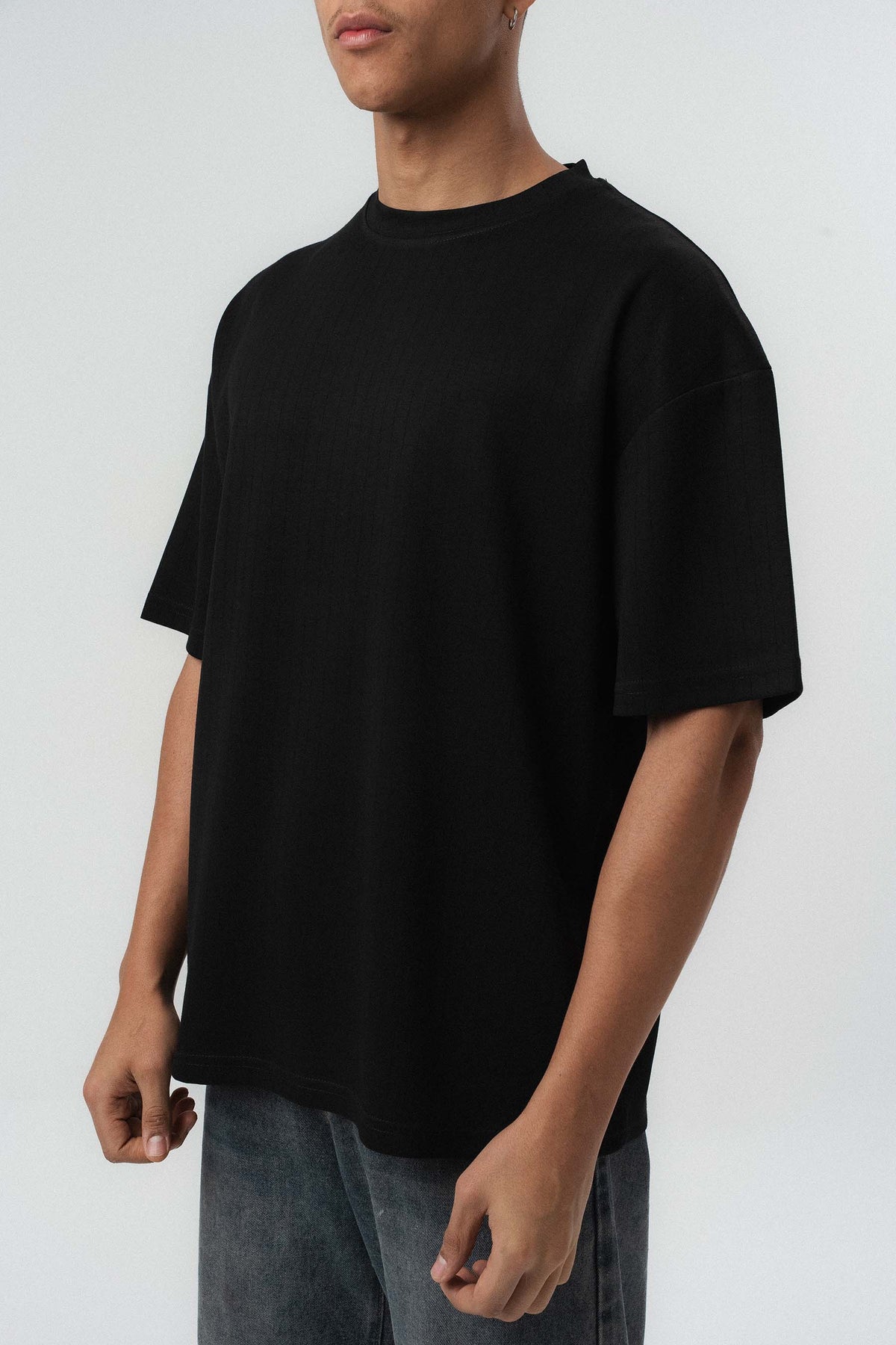 Nakış Detaylı Çizgili Premium Oversize T-Shirt Siyah