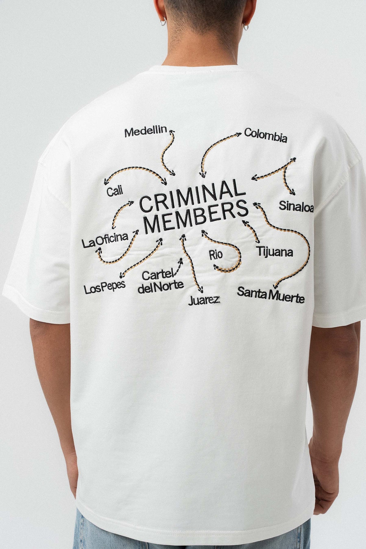 Criminal Members Nakış Detaylı Beyaz Oversize Baskılı T-Shirt