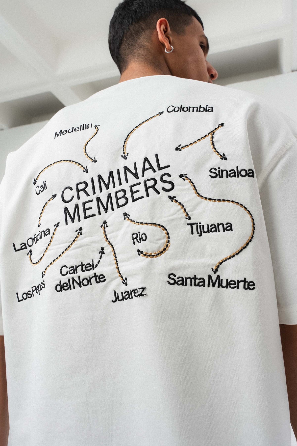 Criminal Members Nakış Detaylı Beyaz Oversize Baskılı T-Shirt