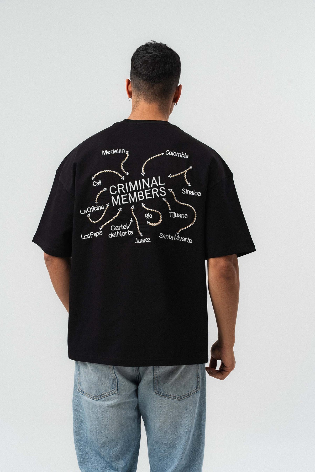 Criminal Members Nakış Detaylı Siyah Oversize Baskılı T-Shirt