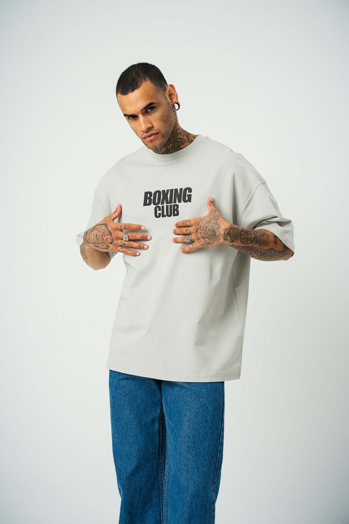Boxing Club Baskılı Gri Oversize T-Shirt