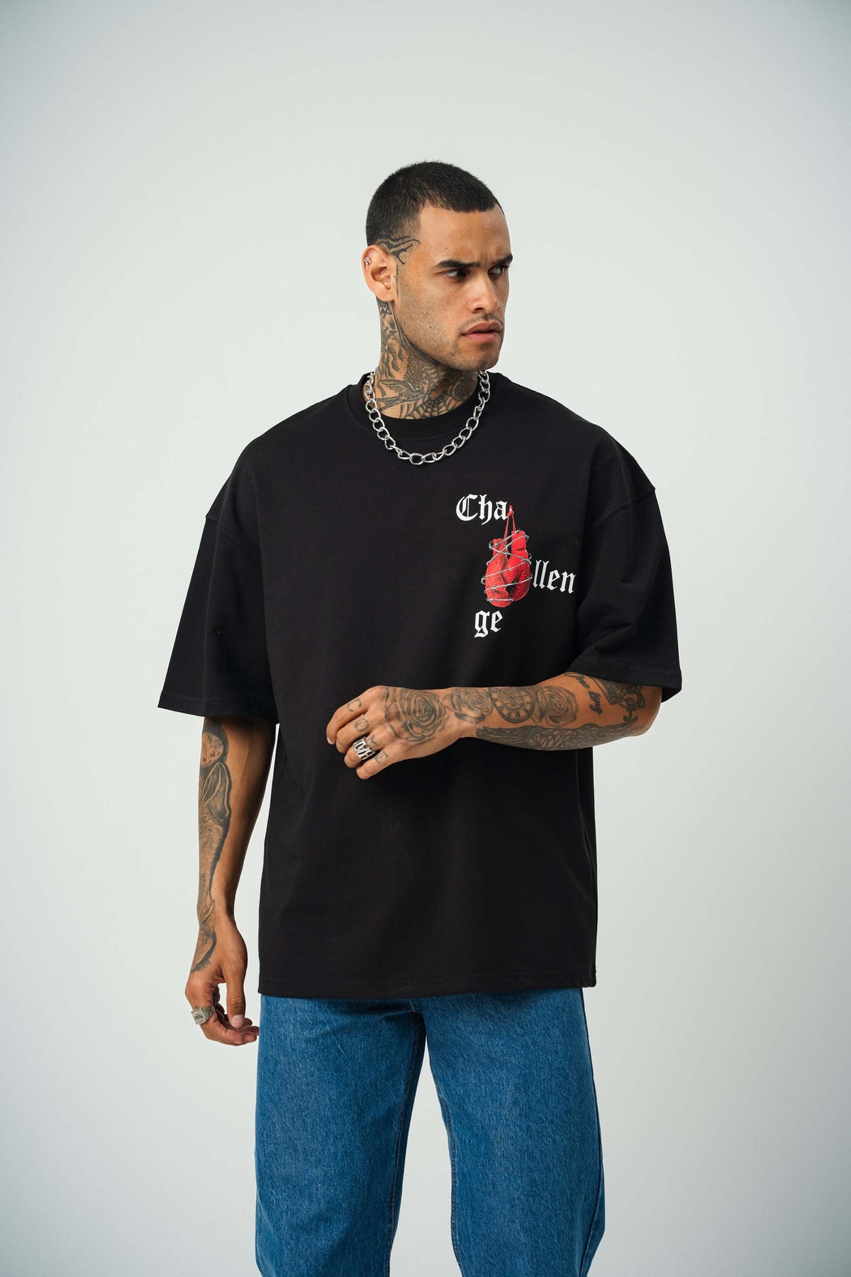 Challange Baskılı Siyah Oversize T-Shirt