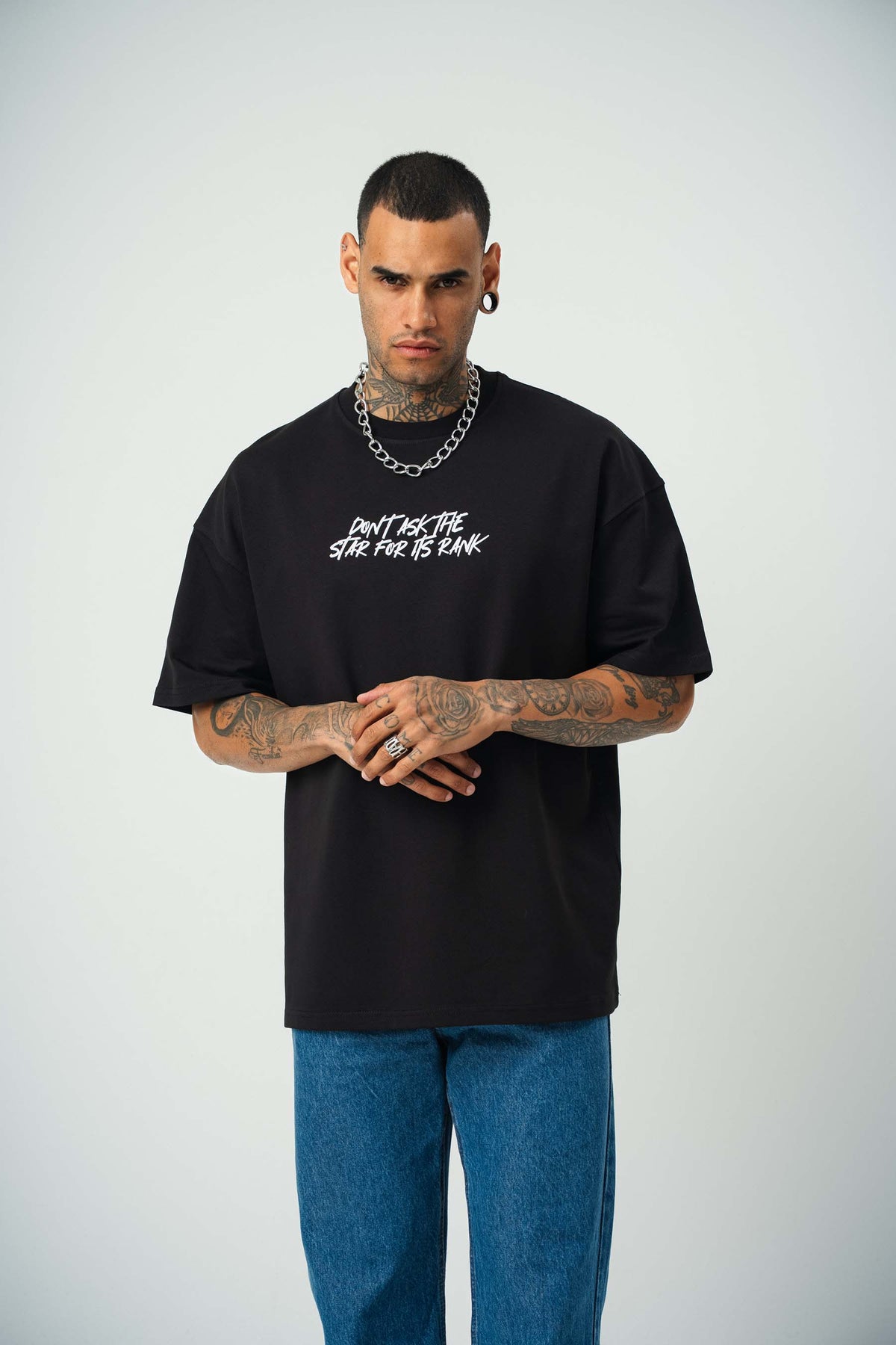 Ethnic Design Baskılı Siyah Oversize T-Shirt
