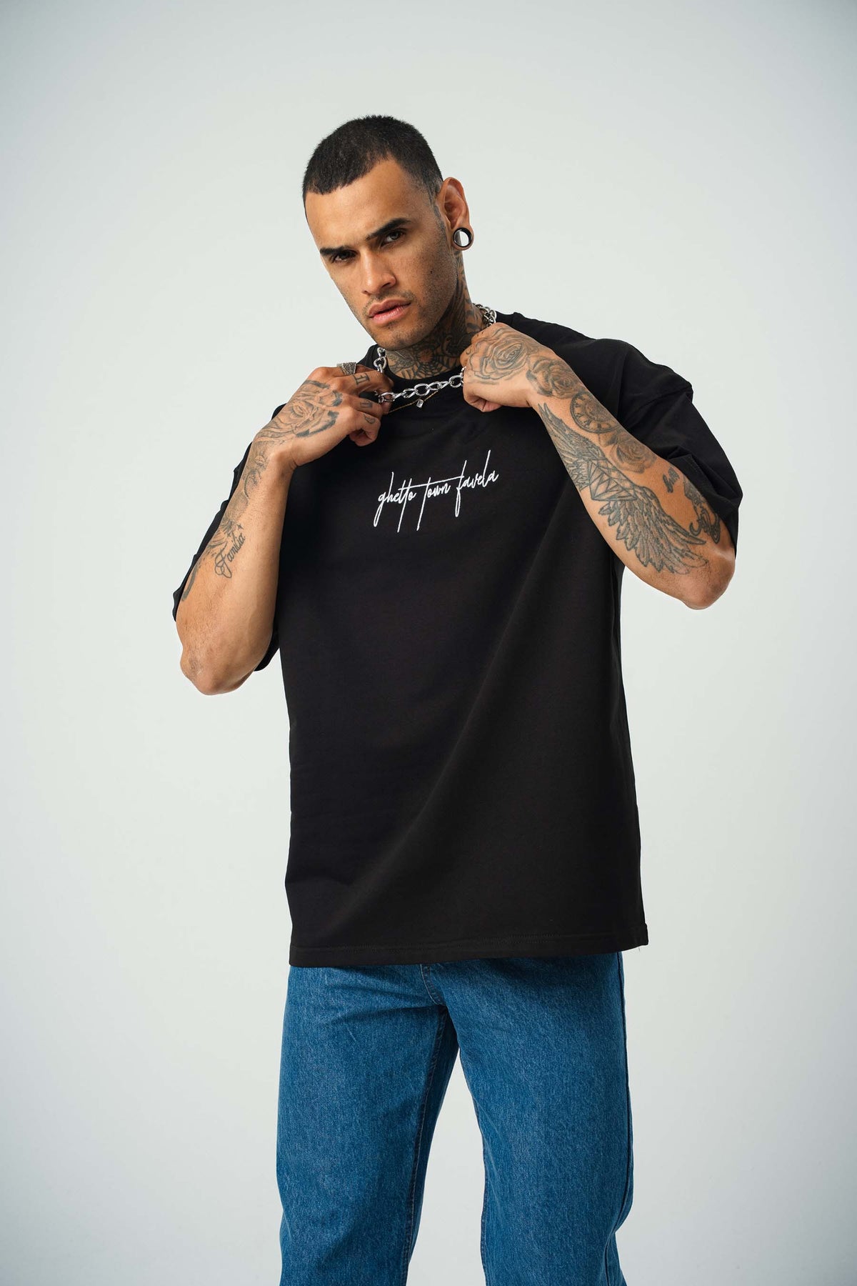 Favela Baskılı Siyah Oversize T-Shirt