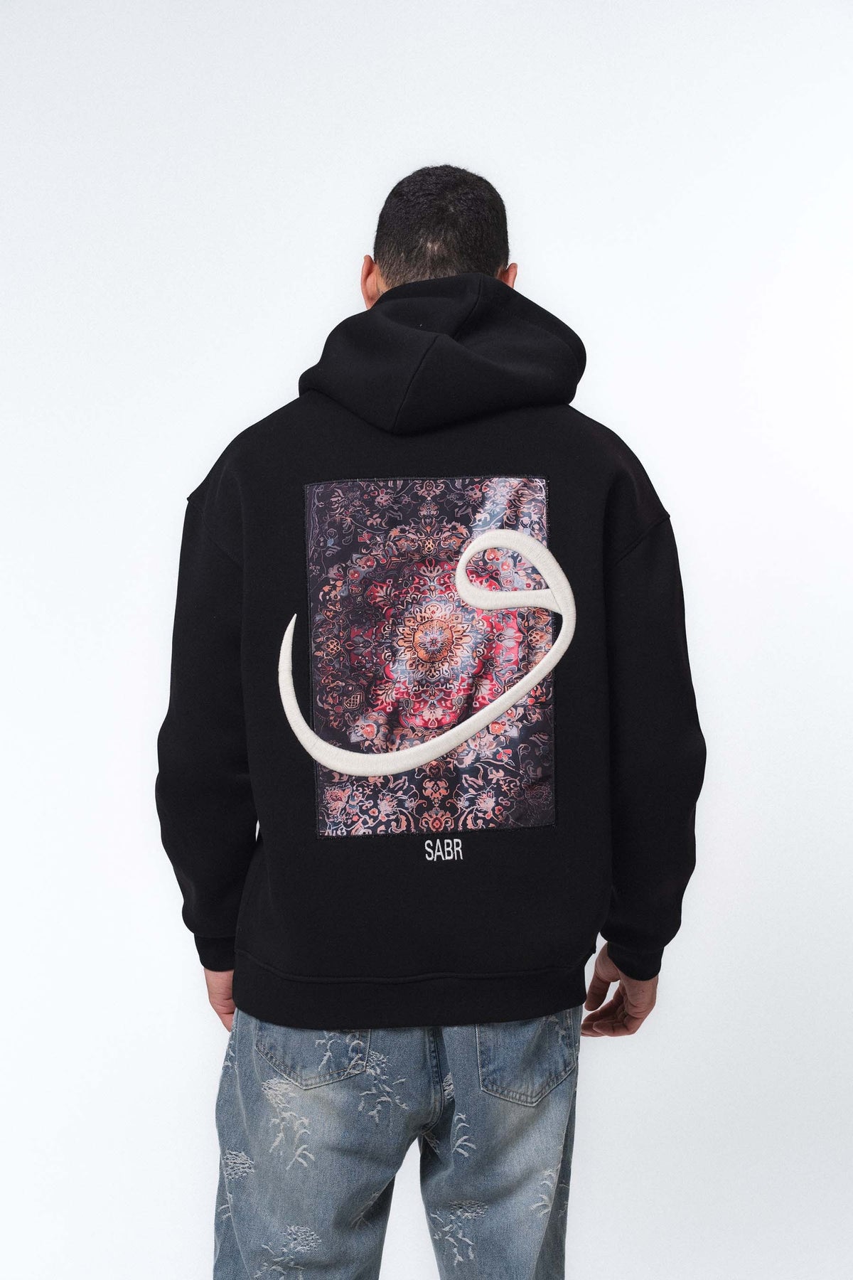 Etnik Tasarım V Harfi Siyah Oversize Hoodie