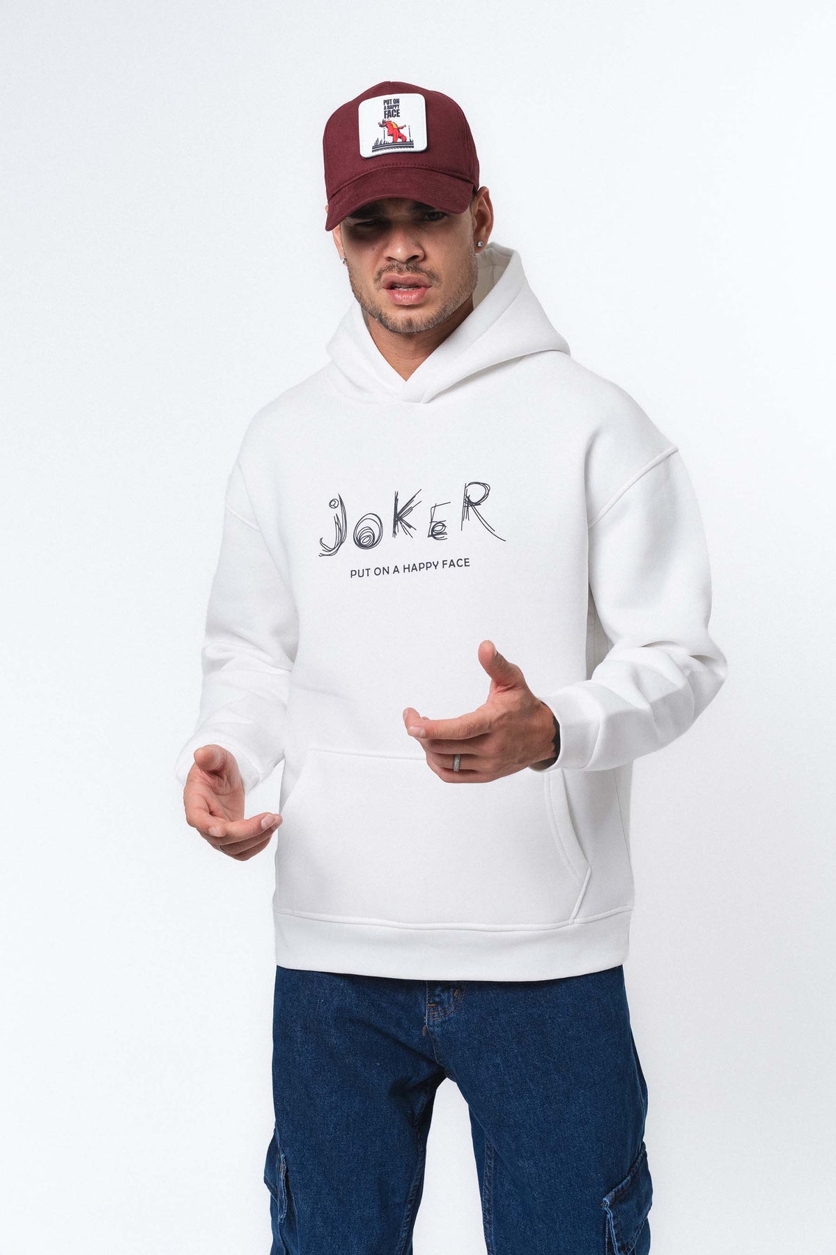 Joker Put On Happy Face Beyaz Oversize Hoodie