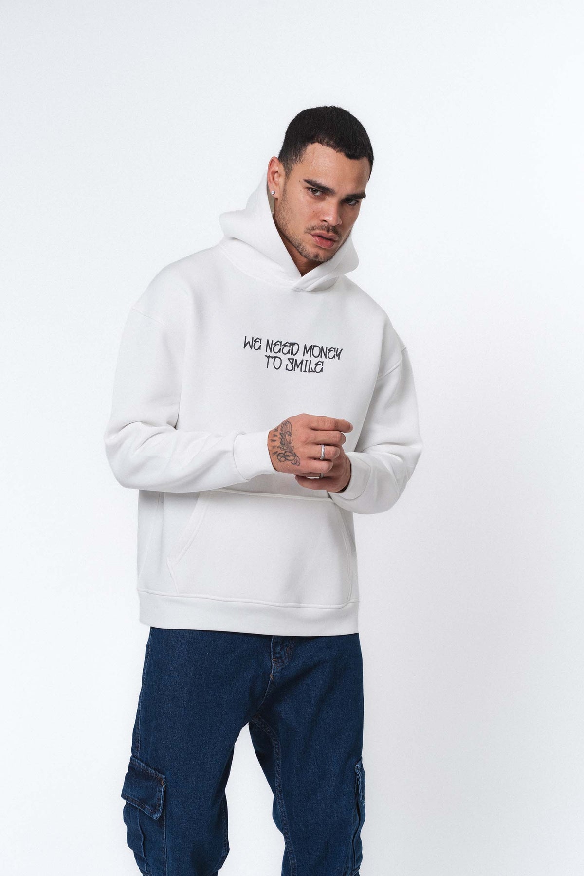 Need Money To Smile - Joker Beyaz Oversize Hoodie