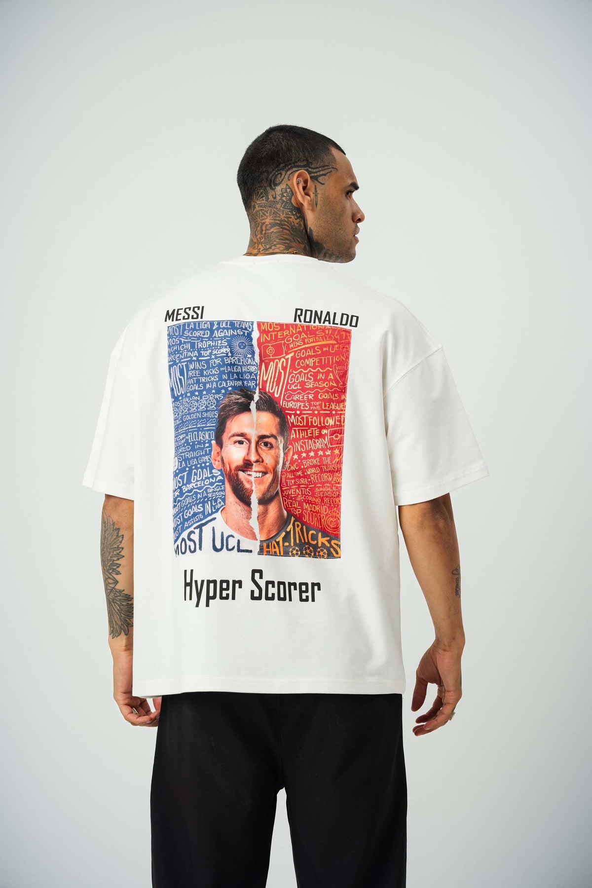 Messi Ronaldo Baskılı Beyaz Oversize T-Shirt