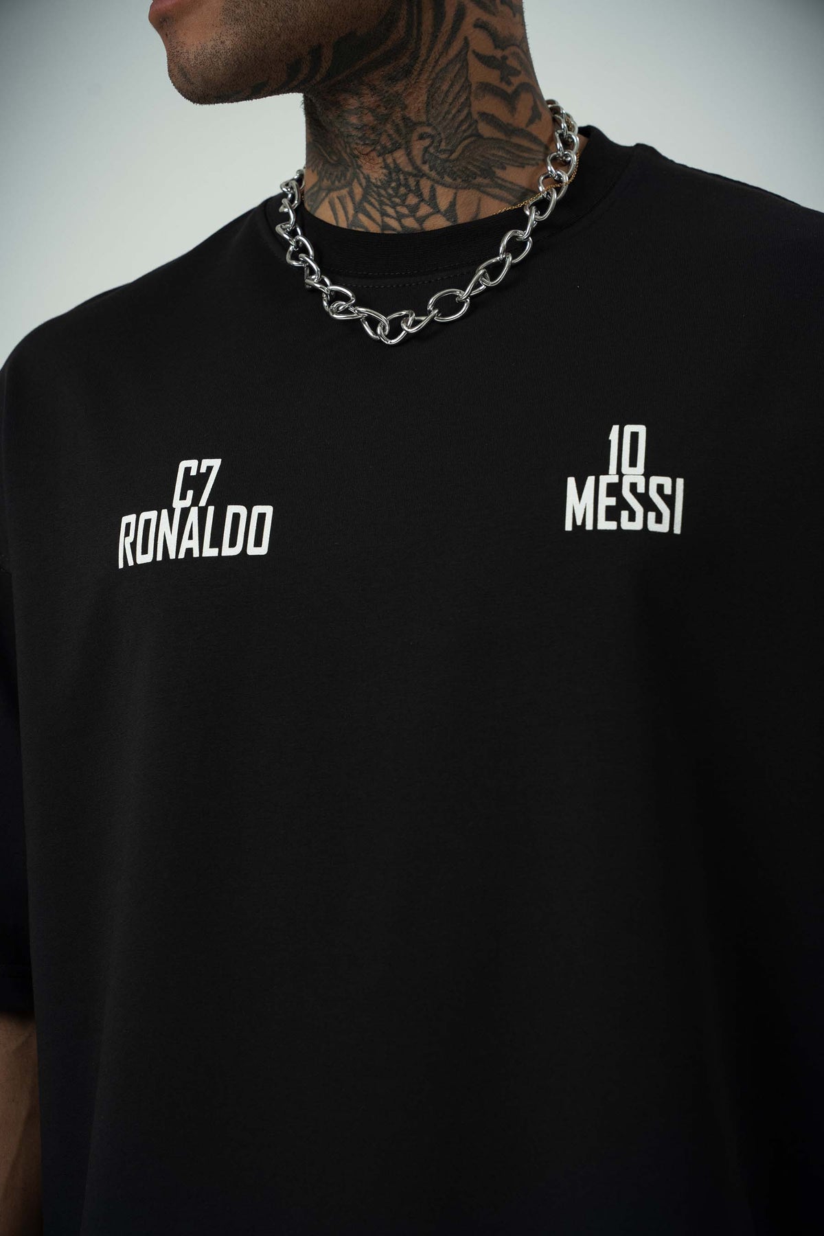 Messi Ronaldo Baskılı Siyah Oversize T-Shirt