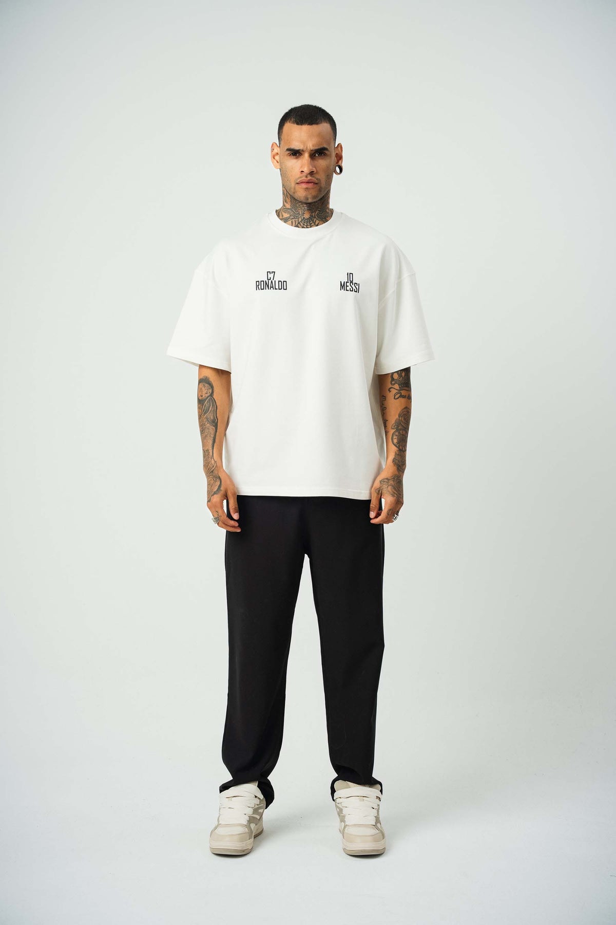 Messi Ronaldo Baskılı Beyaz Oversize T-Shirt