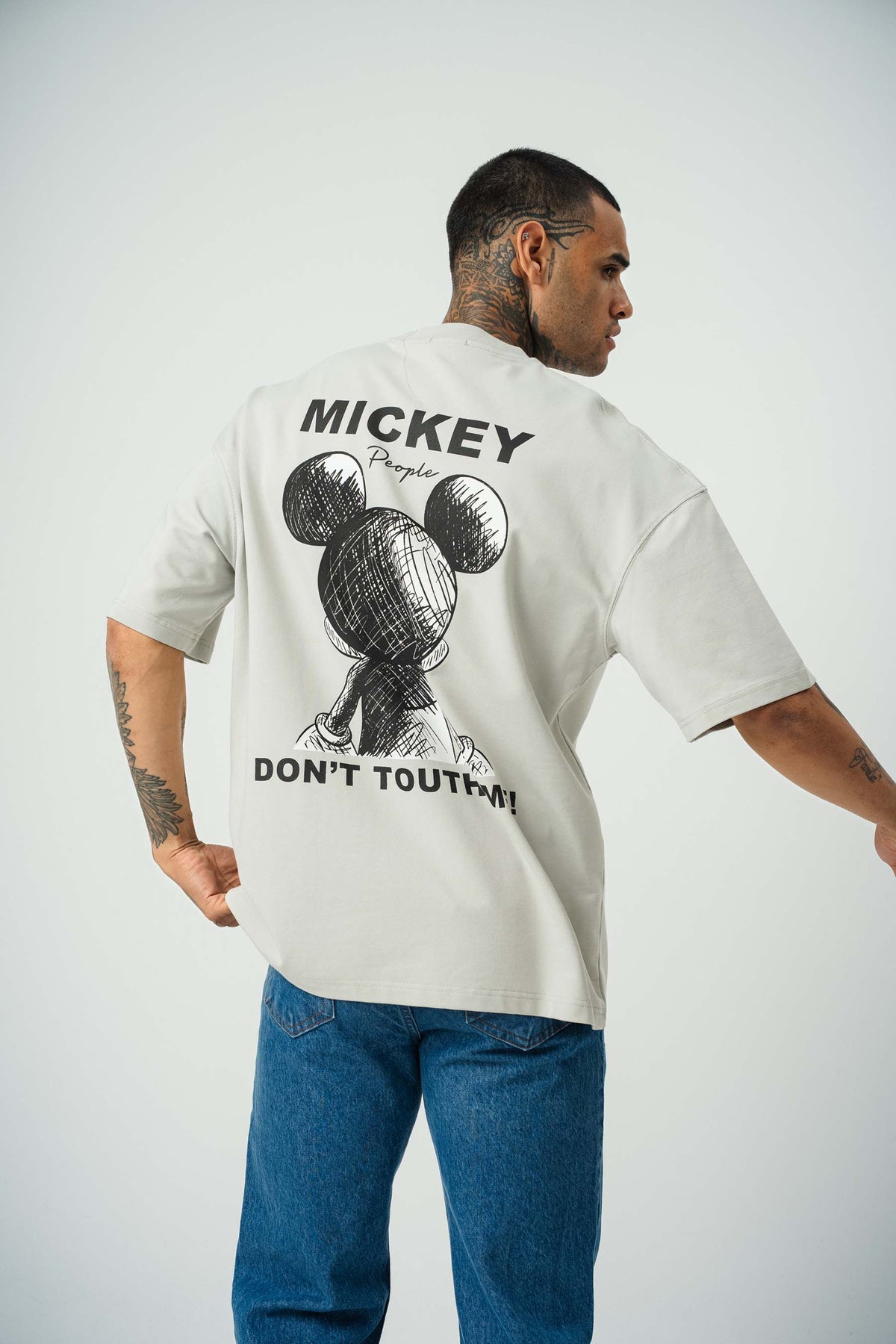 Mickey People Baskılı Gri Oversize T-Shirt