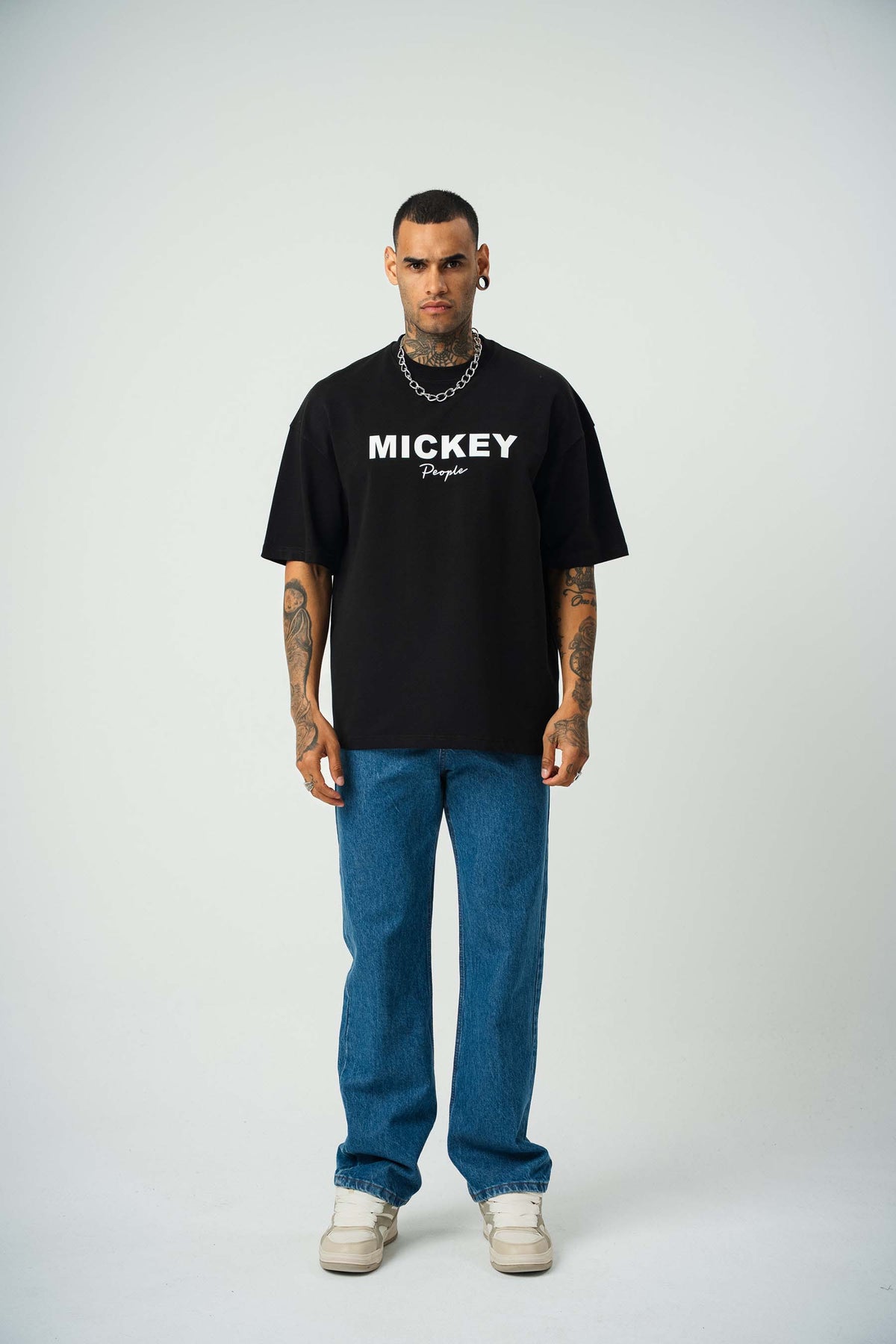 Mickey People Baskılı Siyah Oversize T-Shirt