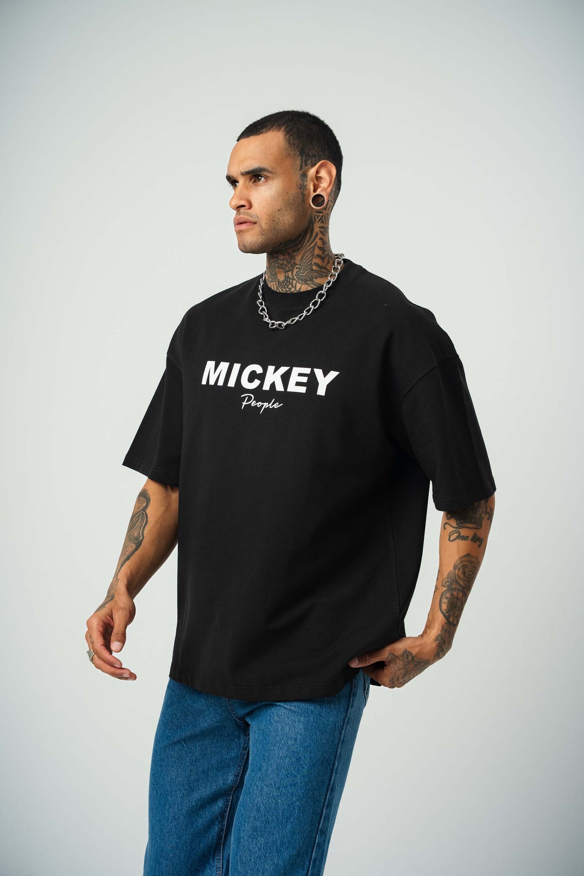 Mickey People Baskılı Siyah Oversize T-Shirt