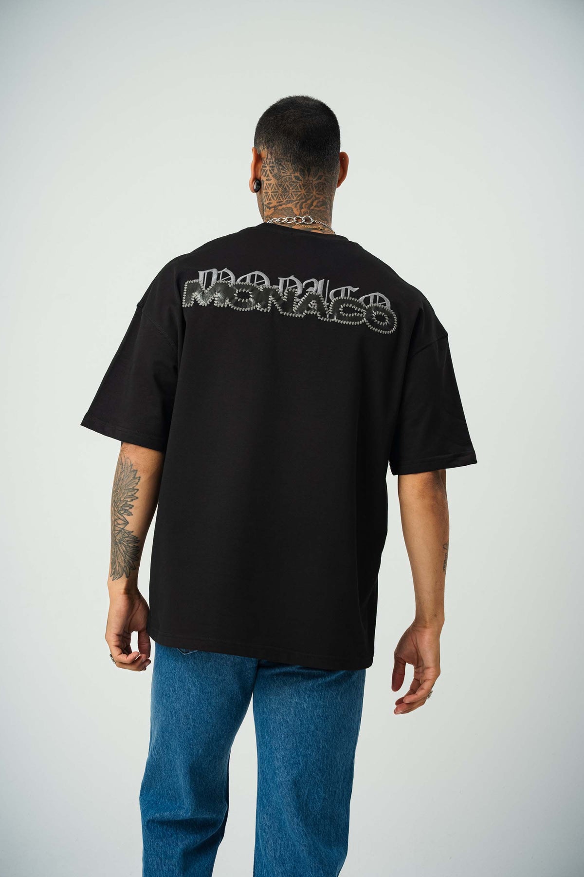 Monaco Baskılı Siyah Oversize T-Shirt