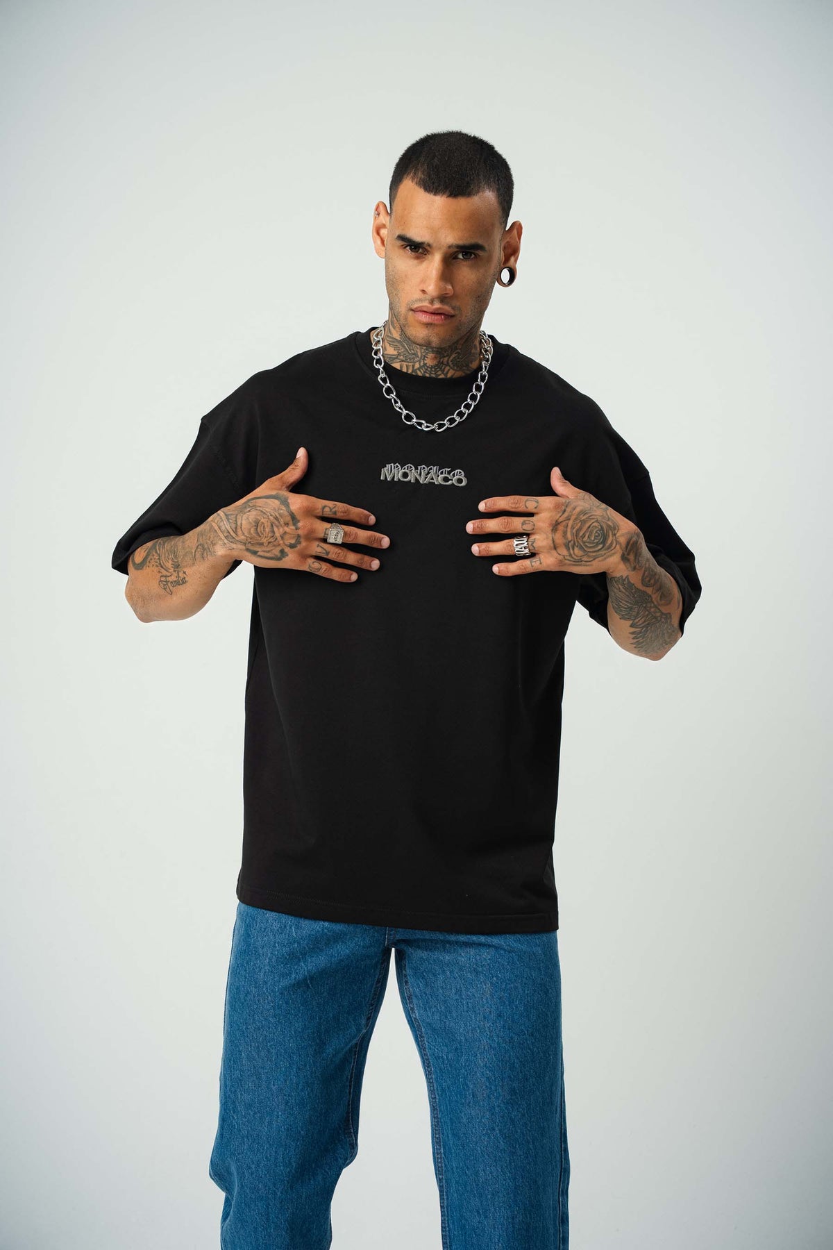 Monaco Baskılı Siyah Oversize T-Shirt