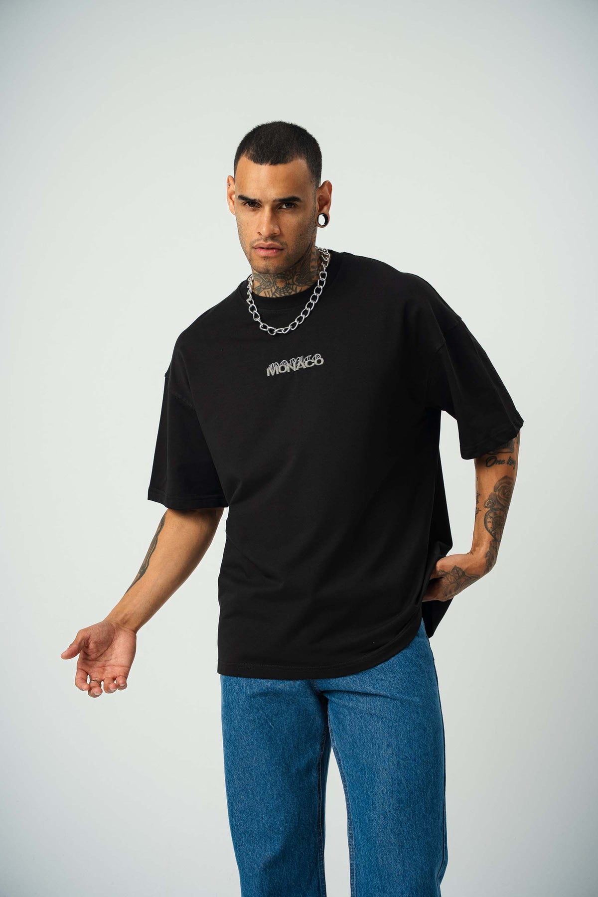 Monaco Baskılı Siyah Oversize T-Shirt