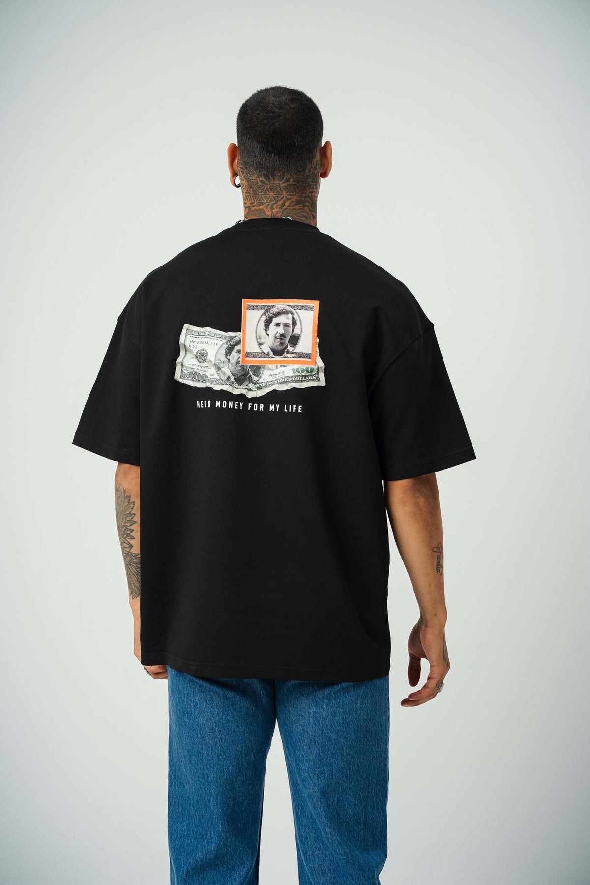 Need Money Pablo Escobar For Life Baskılı Siyah Oversize T-Shirt