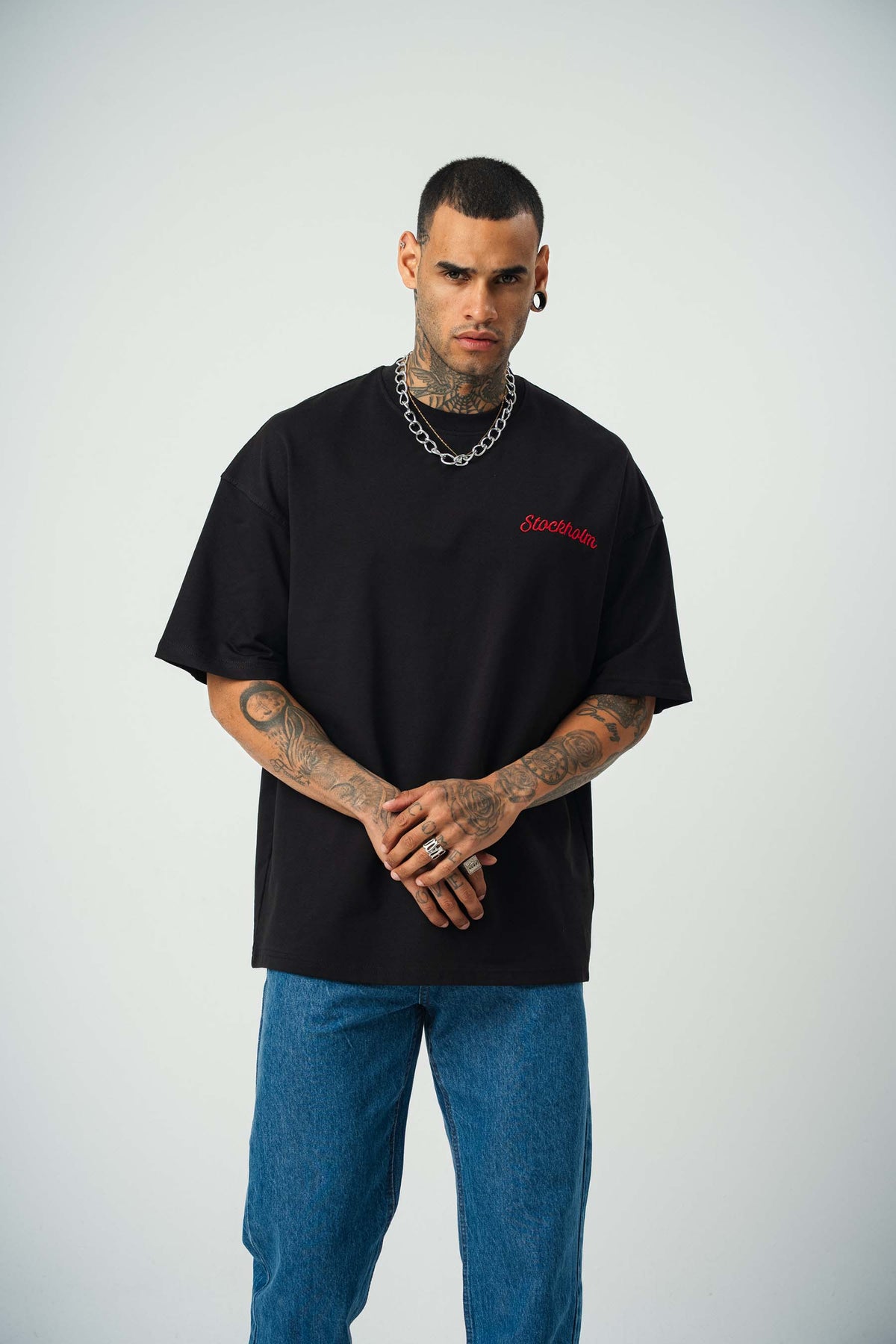 Stockholm Baskılı Siyah Oversize T-Shirt