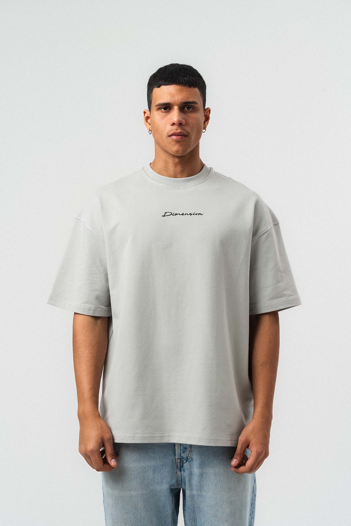 Etnik Desen Nakış Detaylı Gri Oversize Baskılı T-Shirt