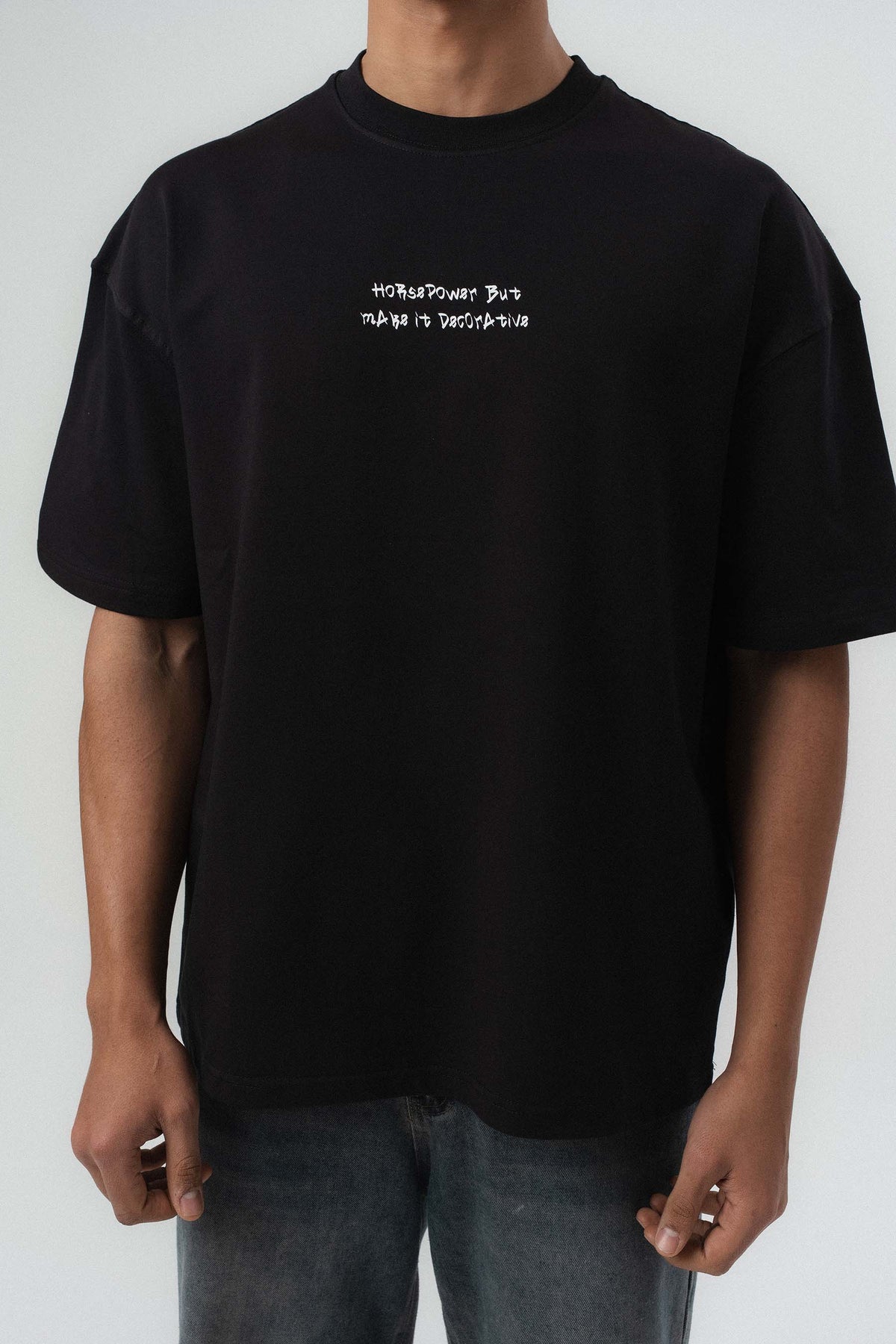 Horsepower Dekoratif Araba Baskılı Siyah Oversize Baskılı T-Shirt