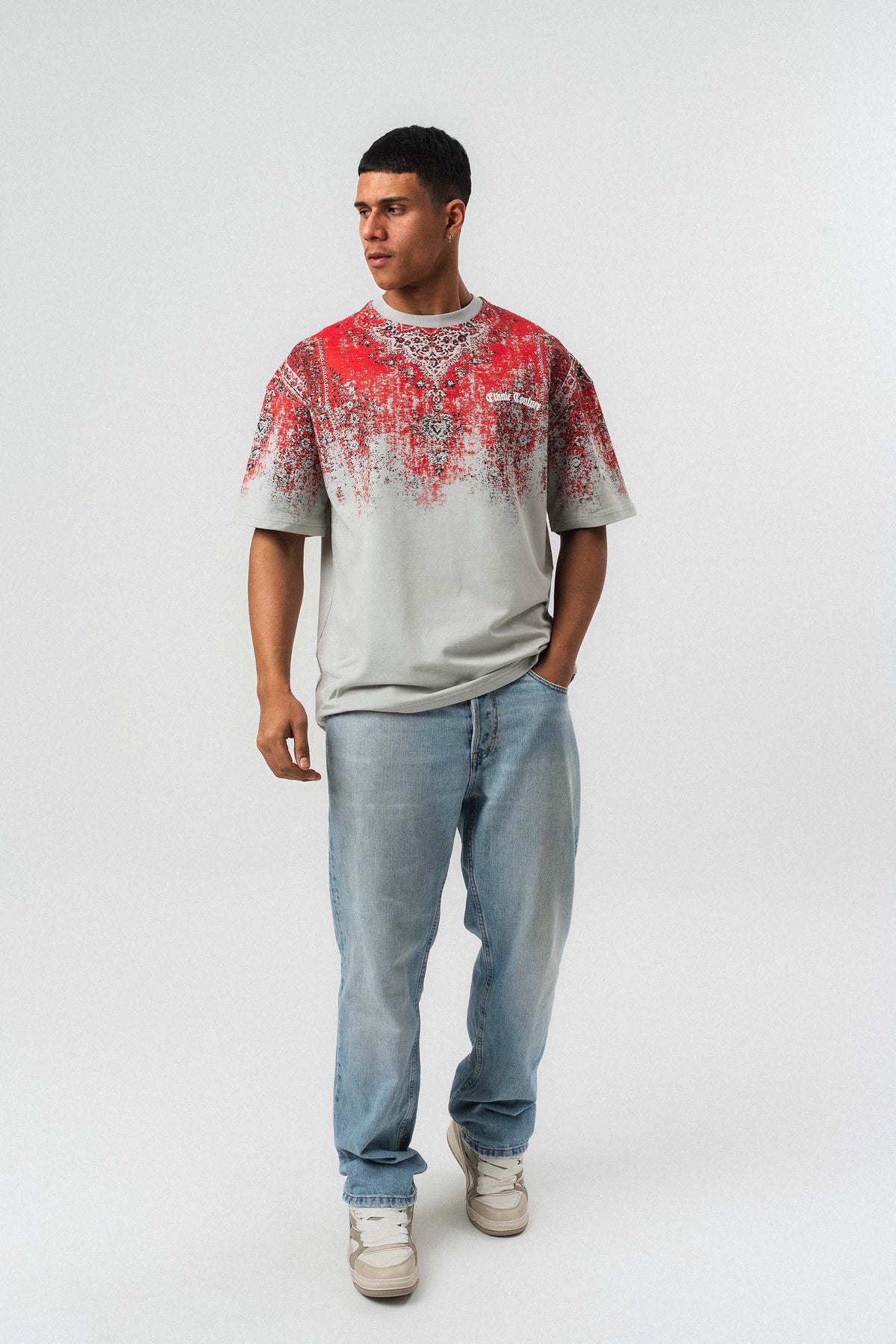 Etnik Desen Nakış Detaylı Kabartmalı Gri Oversize Baskılı T-Shirt